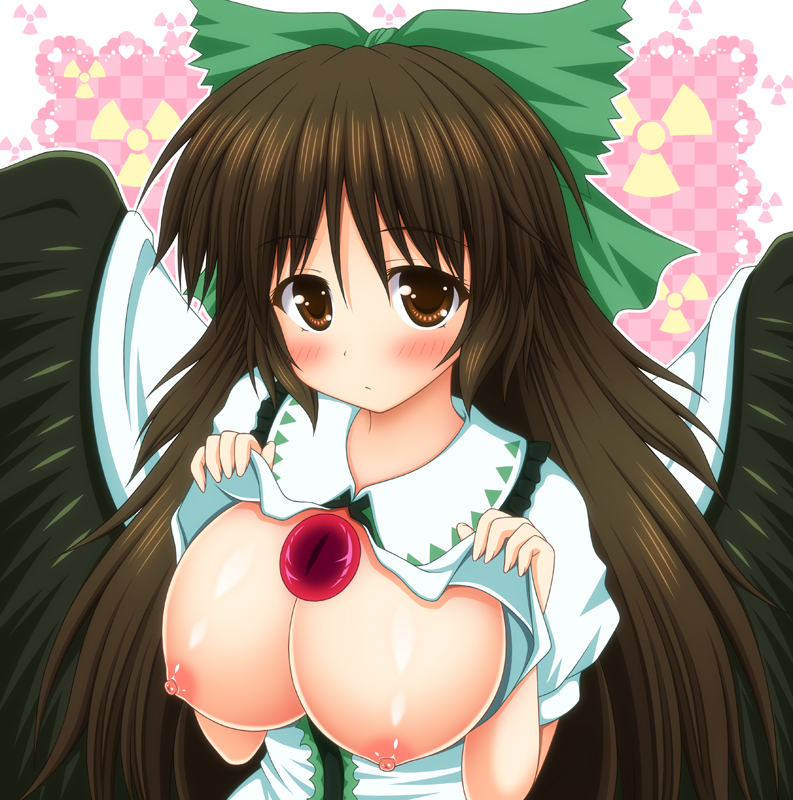 1girls big_breasts blush bow breasts brown_eyes brown_hair busty cape closed_mouth clothes clothing color colored commentary_request eyebrows_visible_through_hair female female_focus female_only female_solo green_bow hairbow heart huge_breasts large_breasts lifted_by_self lifted_clothing lifted_top lifting_clothing light-skinned light-skinned_female light_skin long_hair looking_at_viewer matching_hair/eyes md5_mismatch mouth_open nagana_sayui nipples only_female photoshop_(medium) radiation_symbol resolution_mismatch solo solo_female solo_focus source_larger third_eye touhou utsuho_reiuji very_long_hair wings