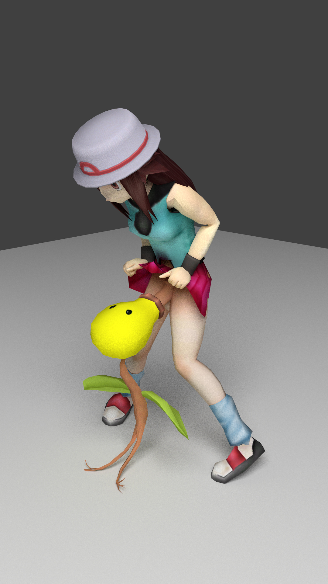 1futa, 3d, bellsprout, brown eyes, brown hair, fellatio, fellatio from feral, feral, futa on feral, futanari, hat, human, human on feral, intersex, leaf (pokemon), nintendo, oral, oral sex, penis, pokemon, skirt, skirt up, smooth skin, sucking, sucking penis