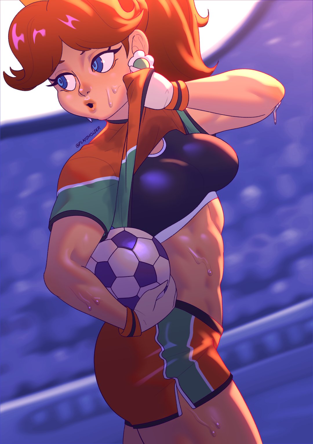 1girls, abs, blue eyes, crown, earrings, female, gloves, looking back, mario (series), mario strikers, muscular, muscular female, nintendo, playzholder, ponytail, princess daisy, side butt, soccer ball, soccer uniform, sports bra, sweat, sweaty, tomboy