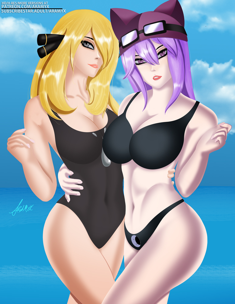 2girls aramyx big_breasts bikini blonde_hair breasts cleavage crossover cynthia_(pokemon) digimon female female_only human implied_yuri large_breasts lipstick long_hair looking_at_viewer pale_skin pokemon purple_hair sayo_(digimon) skin_tight swimsuit wide_hips