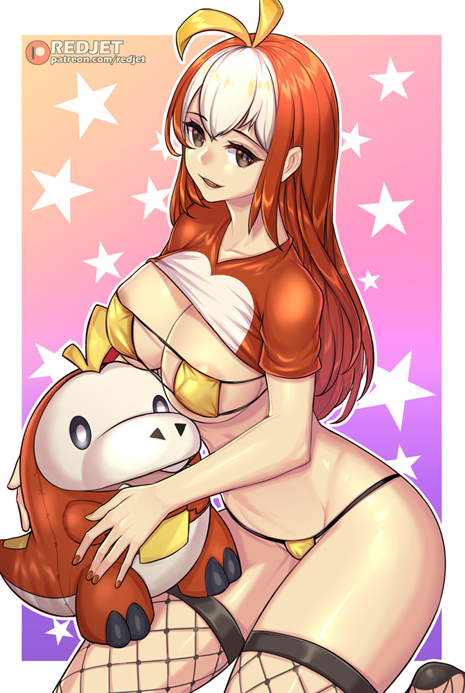 1girls antenna_hair artist_name bangs bikini breasts brown_eyes commentary creature_and_personification eyebrows_visible_through_hair eyepatch_bikini female fishnet_legwear fishnets fuecoco gijinka humanized large_breasts long_hair looking_at_viewer multicolored_hair nintendo patreon_logo personification pokemon pokemon_(species) pokemon_sv red_hair redjet shrug_(clothing) sitting solo stuffed_animal stuffed_toy swimsuit thighhighs two-tone_hair watermark web_address white_hair