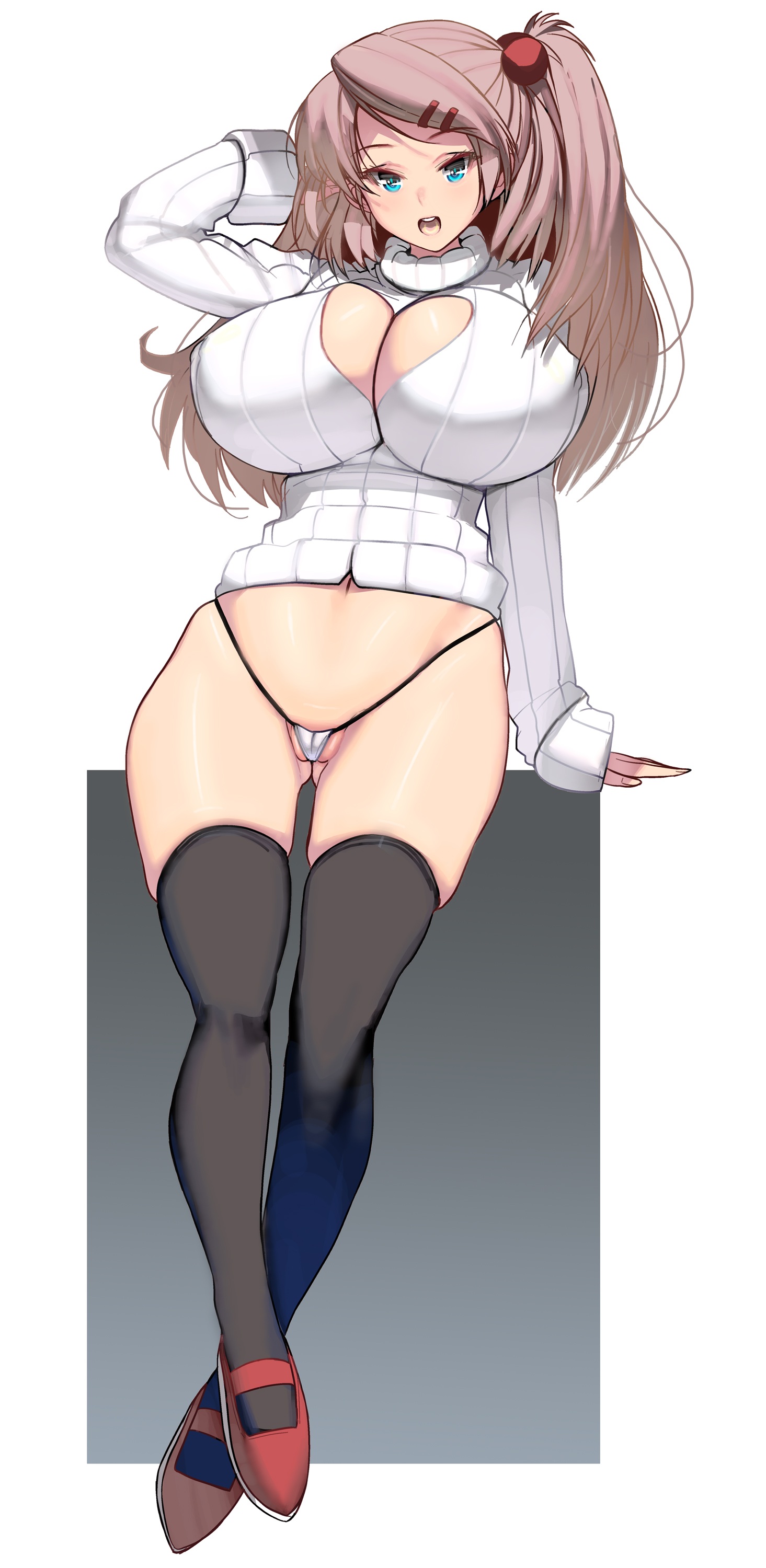 big breasts, black legwear, black thighhighs, blue eyes, breasts, cameltoe, cleavage, cleavage cutout, female, female only, full body, hair ornament, hairclip, huge breasts, keyhole, keyhole turtleneck, long hair, looking at viewer, masao, open mouth, original, panties, pink hair, pussy, ribbed sweater, side ponytail, smile, solo, standing, sweater, thick thighs, thighhighs, thong, turtleneck, turtleneck sweater, white thong, zettai ryouiki