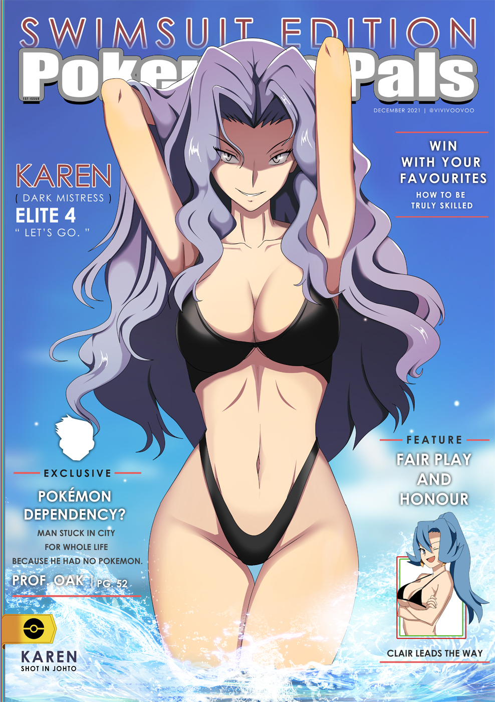 beach, bikini, black bikini, clair (pokemon), fashion model, female, game freak, hourglass figure, karen (pokemon), looking at viewer, magazine cover, model, modeling, nintendo, pageantry, pokemon, purple hair, realistic breast size, realistic proportions, supermodel, vivivoovoo