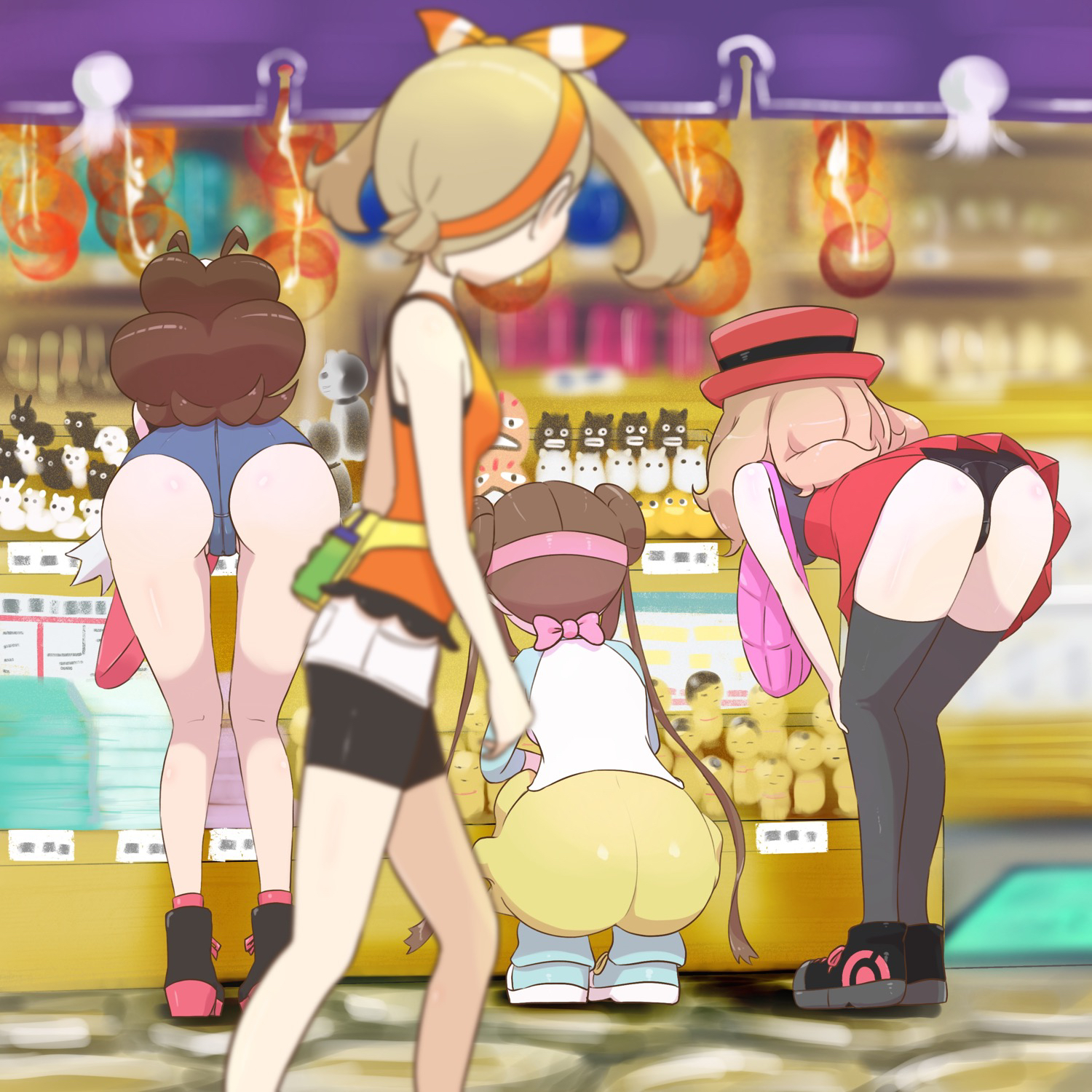 4girls, ass, ass focus, ass hanging out of shorts, ass hanging out of skirt, bent over, female, female only, hilda (pokemon), huge ass, human, human only, may (pokemon oras), may (pokemon), microsd (artist), multiple females, multiple girls, nintendo, panties, pokemon, pokemon bw, pokemon bw2, pokemon oras, pokemon xy, rosa (pokemon), serena (pokemon games), serena (pokemon), short shorts, skirt