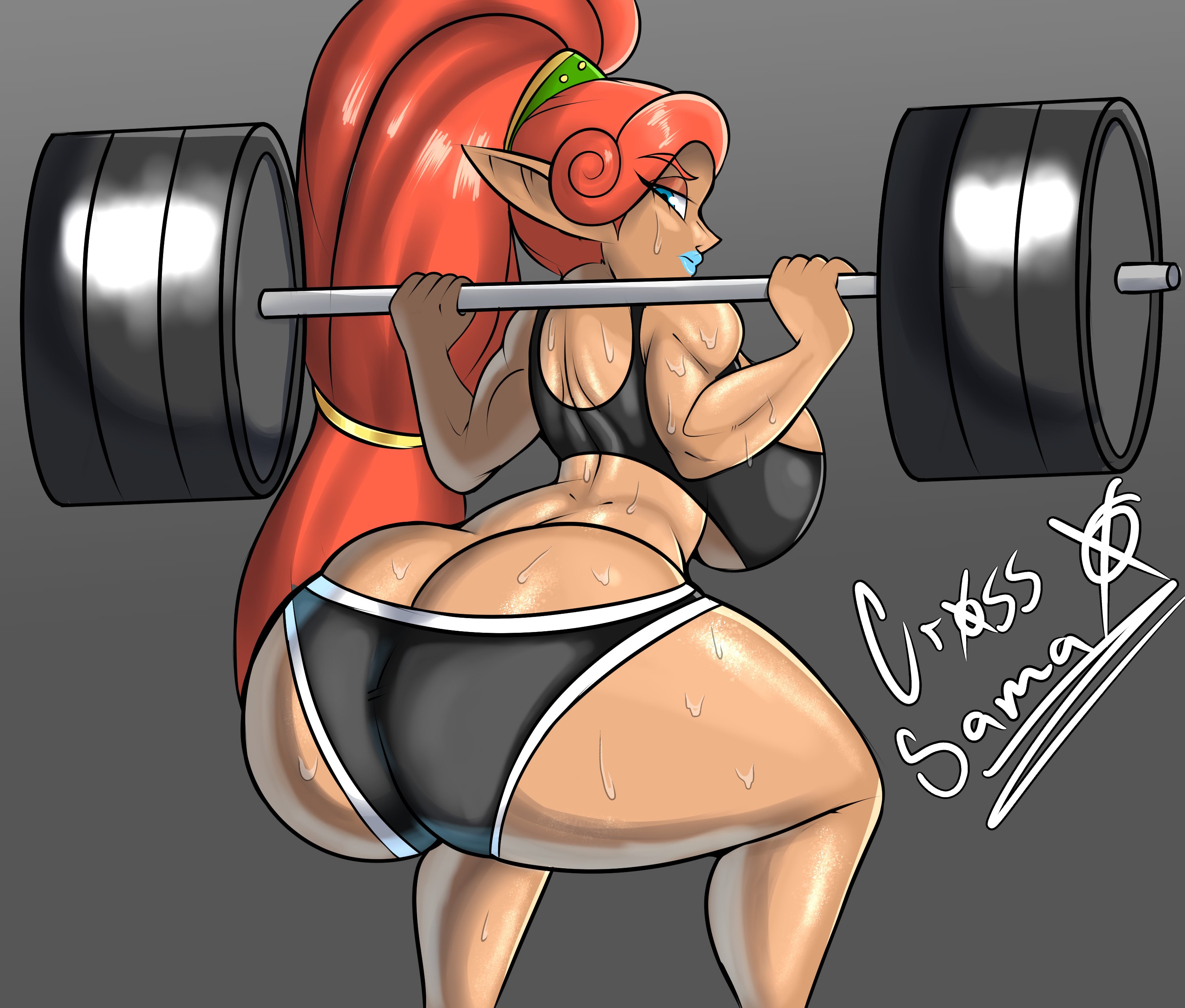 1girls, 2022, 5 fingers, artist name, artist signature, ass, ass cleavage, ass crack, behind view, big ass, big breasts, big butt, blue lipstick, breasts, breath of the wild, butt crack, cross samax, dark skin, dark-skinned female, female, female only, gerudo, grey background, gym clothes, huge ass, looking back, muscular, muscular female, nintendo, pointy ears, ponytail, red hair, scantily clad, simple background, solo, solo female, squat, sweat, sweating, sweaty, sweaty ass, sweaty body, the legend of zelda, urbosa, weights, working out, workout clothes