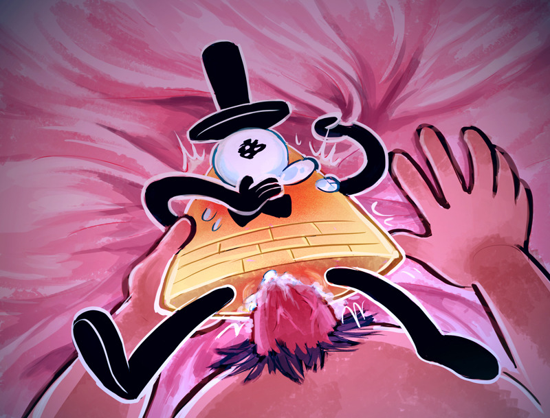 1 eye, anthro, bill cipher, blush, bowtie, crying, gravity falls, interspecies, kutarmm, male, male only, pubic hair, size difference, smooth skin, stanford pines, top hat