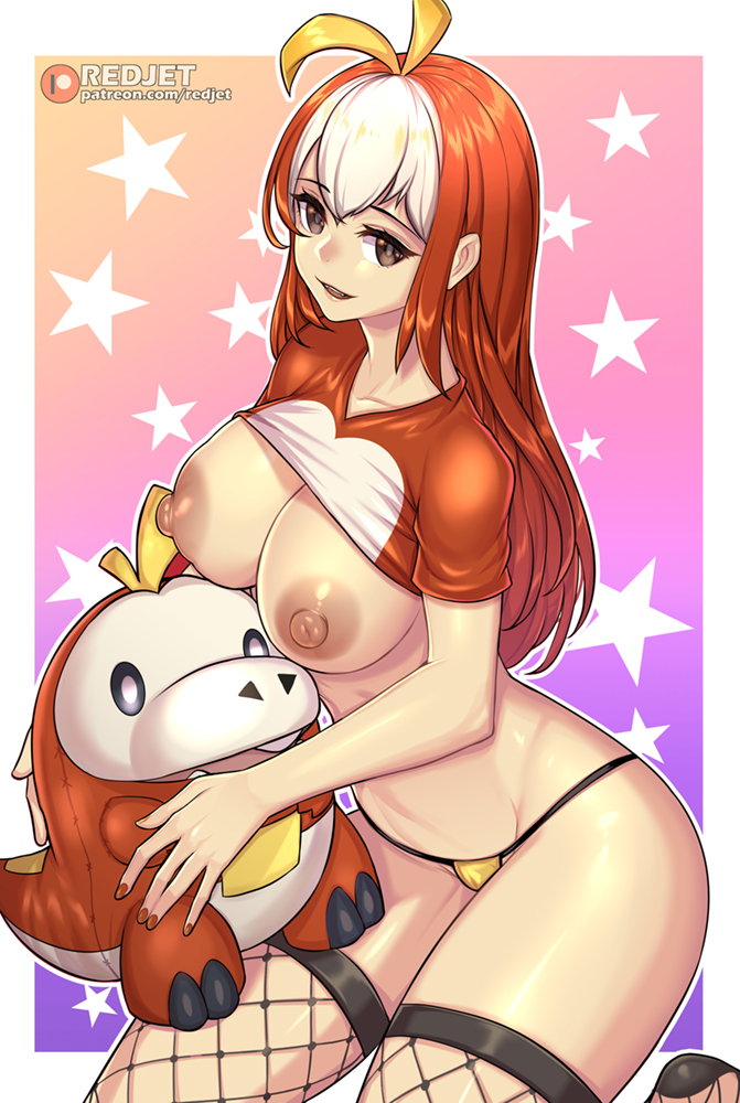 1girls antenna_hair artist_name bangs bikini bikini_bottom_only breasts brown_eyes creature_and_personification eyebrows_visible_through_hair female fishnet_legwear fishnets fuecoco gijinka huge_nipples humanized large_breasts long_hair looking_at_viewer multicolored_hair nintendo nipples patreon_logo personification pokemon pokemon_(species) pokemon_sv red_hair redjet shrug_(clothing) sitting solo stuffed_animal stuffed_toy swimsuit thighhighs two-tone_hair watermark web_address white_hair