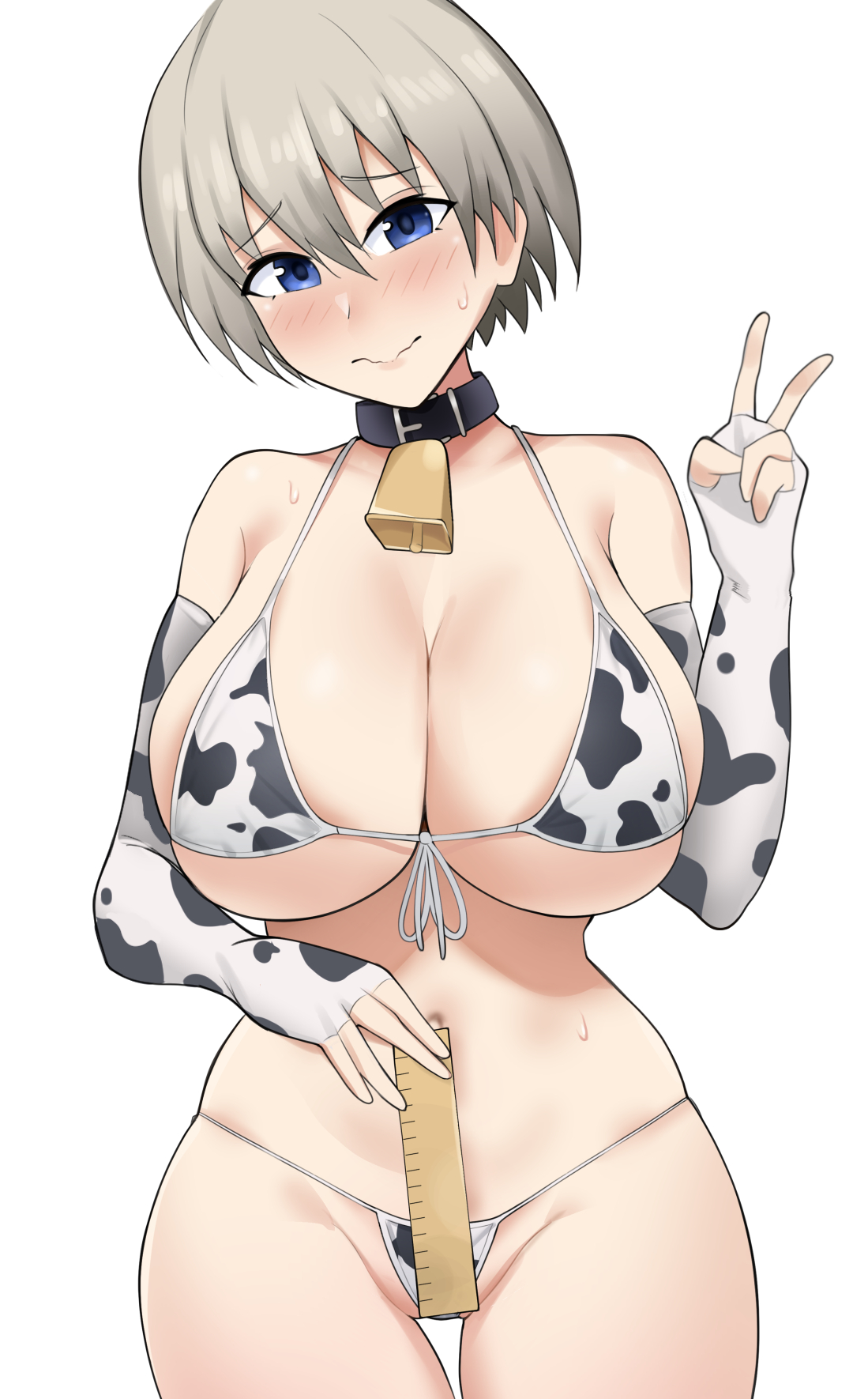 1girls, big breasts, bikini, blue eyes, blush, breasts, cow bikini, cow print, eqeart, eye contact, female, female focus, female only, grey hair, huge breasts, looking at viewer, peace sign, ruler, short hair, solo, thick thighs, uzaki hana, uzaki-chan wa asobitai!, wide hips