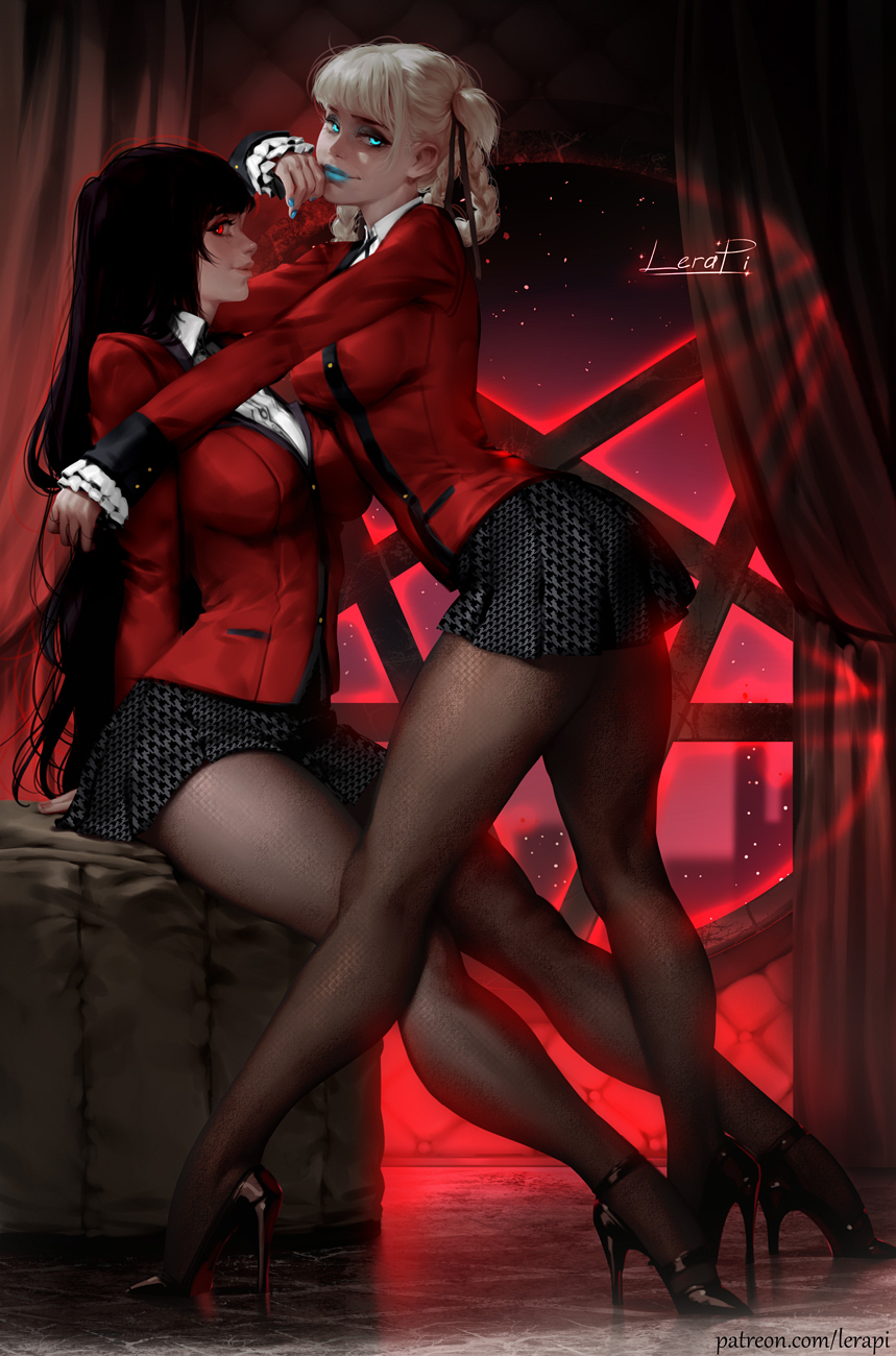 2girls bami_clan_(kakegurui) big_breasts black_hair blonde_female blue_eyes breasts female female_only high_heels jabami_yumeko kakegurui large_breasts lerapi long_hair looking_at_viewer makeup momobami_kirari multiple_girls nail_polish pantyhose red_eyes school_uniform schoolgirl skirt slq stiletto_heels very_high_heels white_hair yuri