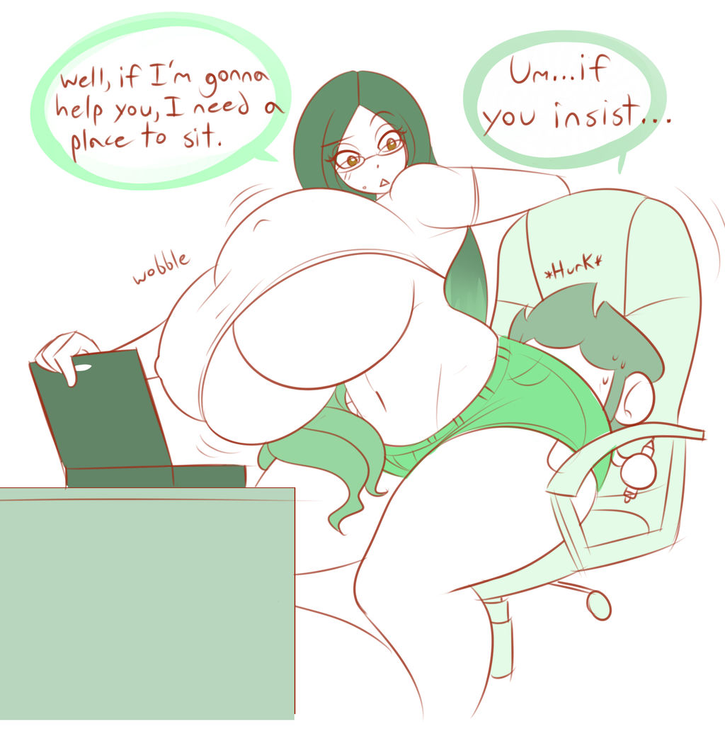1boy, 1girls, 2014, big breasts, breasts, chair, computer, curvaceous, curvy, dialogue, english, english text, female, glasses, huge breasts, large breasts, larger female, long hair, male, nipple bulge, shorts, sitting, sitting on person, size difference, smaller male, speech bubble, text, theycallhimcake, thick thighs, thighs, underboob, voluptuous, wobble