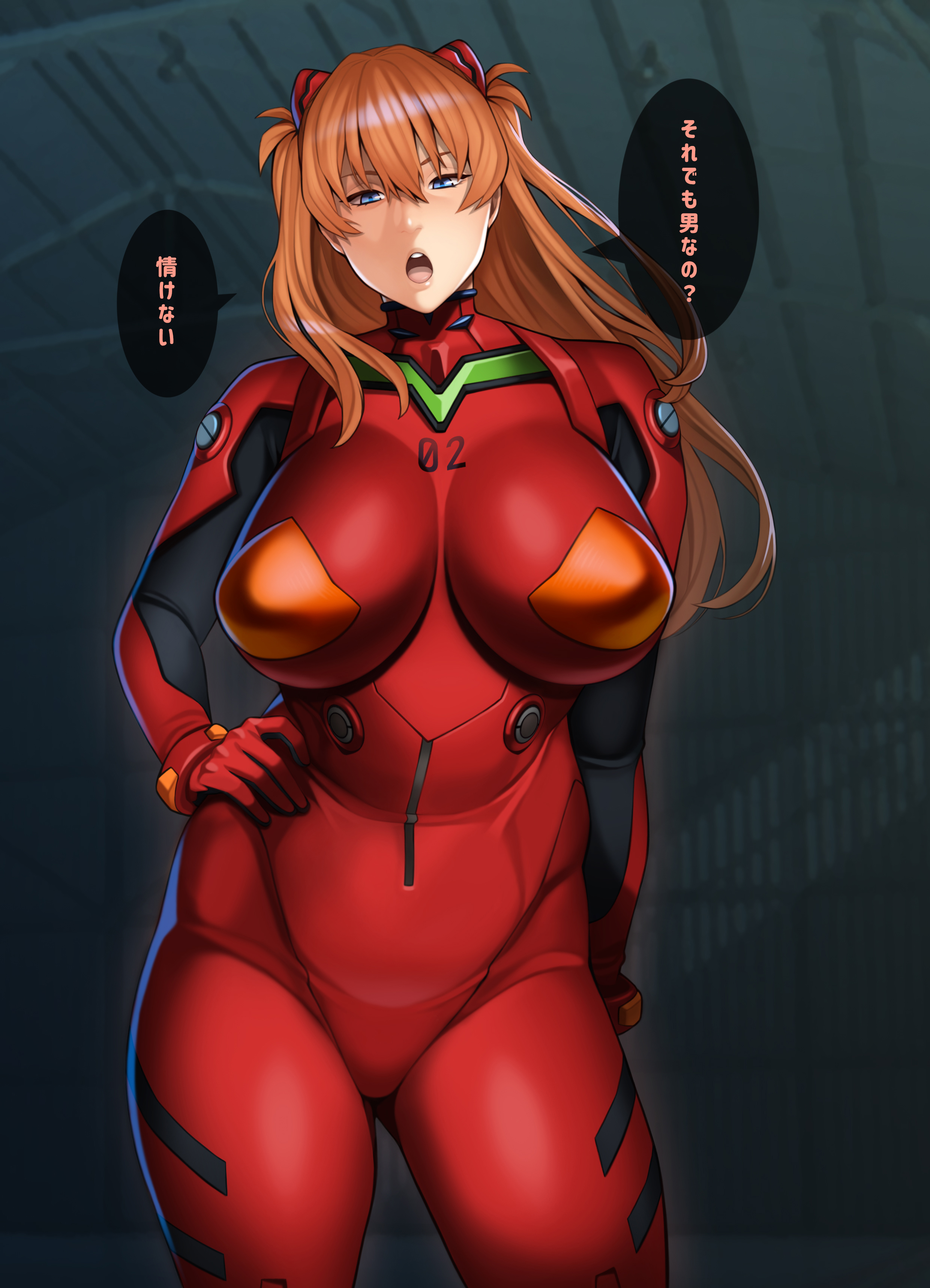 alternate breast size, asuka langley sohryu, breasts, clothing, female, hand on hip, japanese text, large breasts, mandaring, neon genesis evangelion, plugsuit, red hair, thick thighs, translation request, wide hips