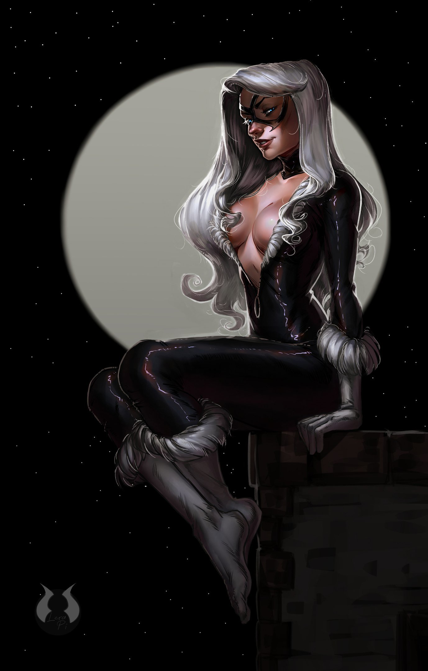 1girls, big breasts, black cat (marvel), blue eyes, breasts, cleavage, clothed, clothed female, clothing, felicia hardy, female, female focus, female only, full moon, large breasts, lerapi, long hair, looking at viewer, marvel, marvel comics, mask, sitting, solo, spider-man (series), tight clothing, white hair