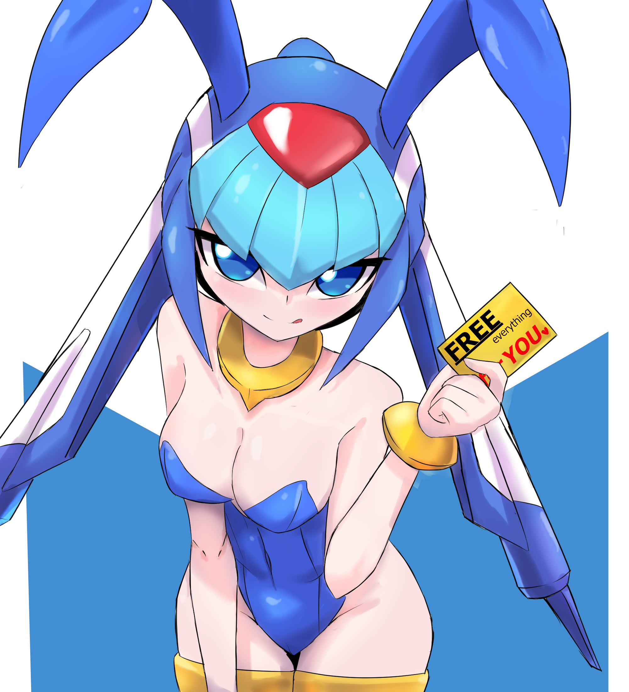 1girls, blue eyes, bracelet, breasts, bunnysuit, fairy leviathan, female, helmet, licking lips, mega man, mega man zero, navel, solo, thighhighs, tongue, zerokun135