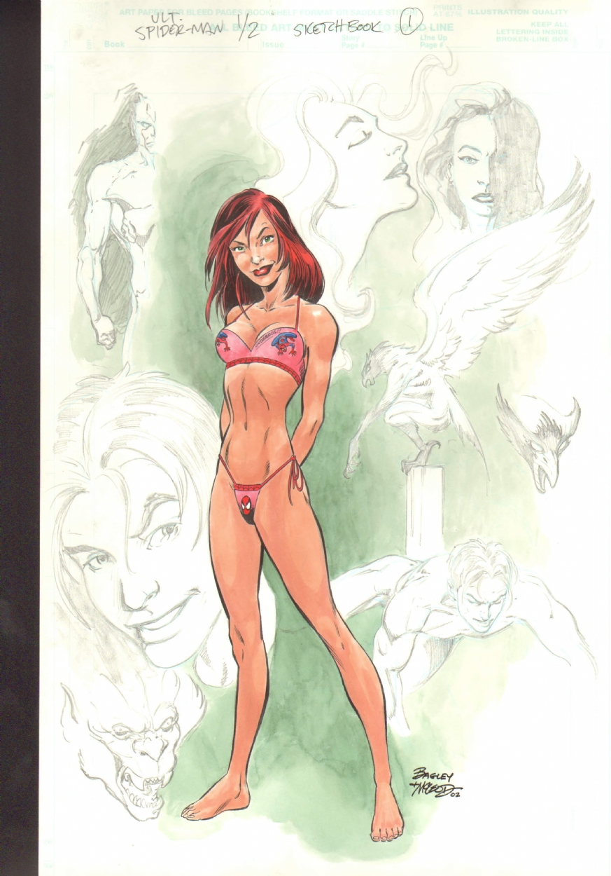 2002 arms_behind_back bare_arms bare_legs bare_shoulders bare_thighs barefoot bra concept_art dated exposed_legs exposed_shoulders exposed_torso female girl green_eyes legs legs_apart looking_at_viewer mark_bagley marvel marvel_comics mary_jane_watson panties red_hair sketch spider-man spider-man_(series) standing straight_hair teen teen_girl teenage_girl teenager thong ultimate_marvel ultimate_spider-man ultimate_spider-man_(comic) underwear underwear_only