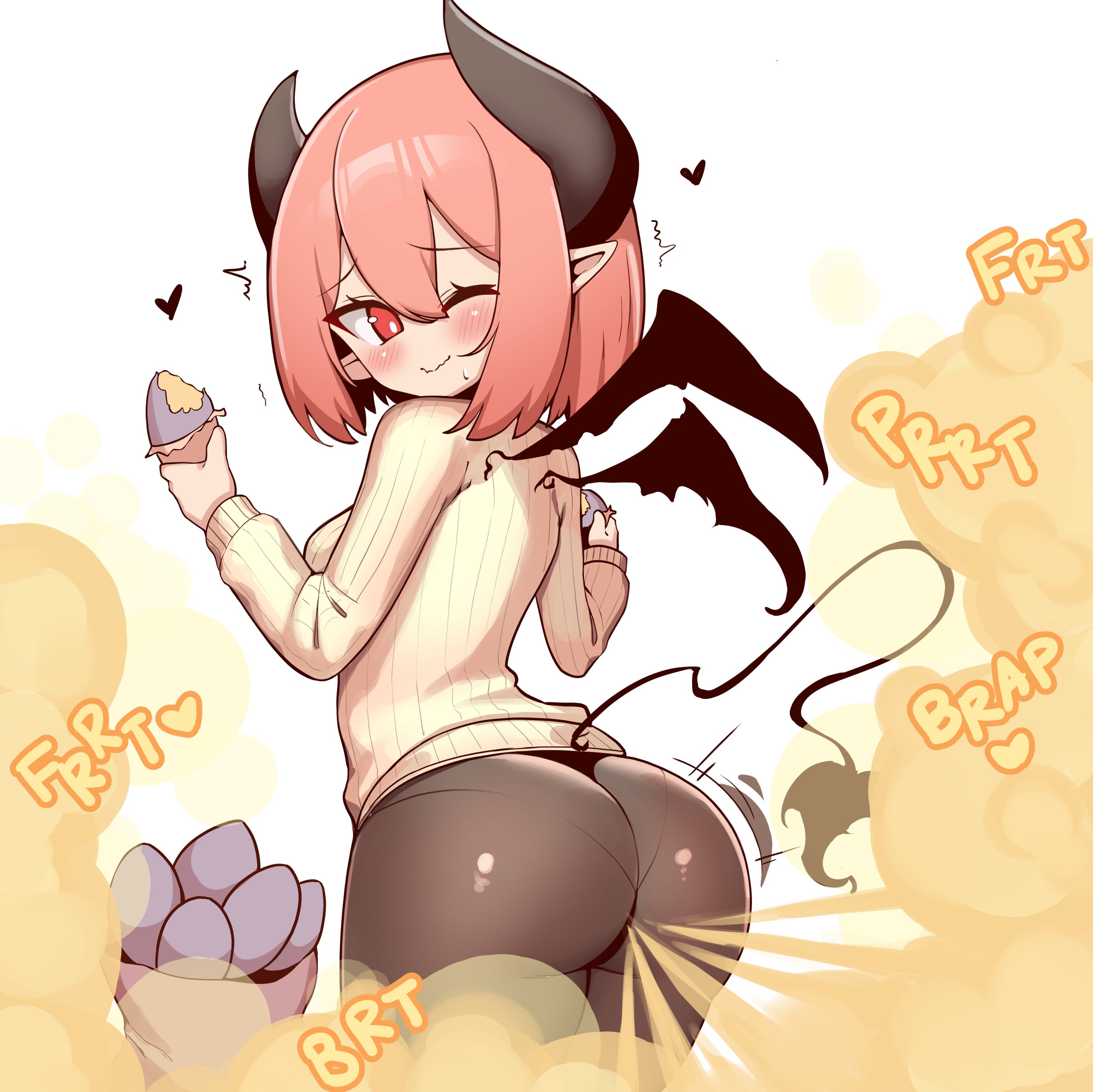 1girls, actfourteen, ass, big ass, big butt, demon, demon girl, demon tail, demon wings, eating, fart, fart cloud, fart fetish, farting, female, horns, leggings, looking back, one eye closed, panties visible through clothing, pink hair, pointy ears, rear view, short hair, solo female, tail, thick thighs, wings