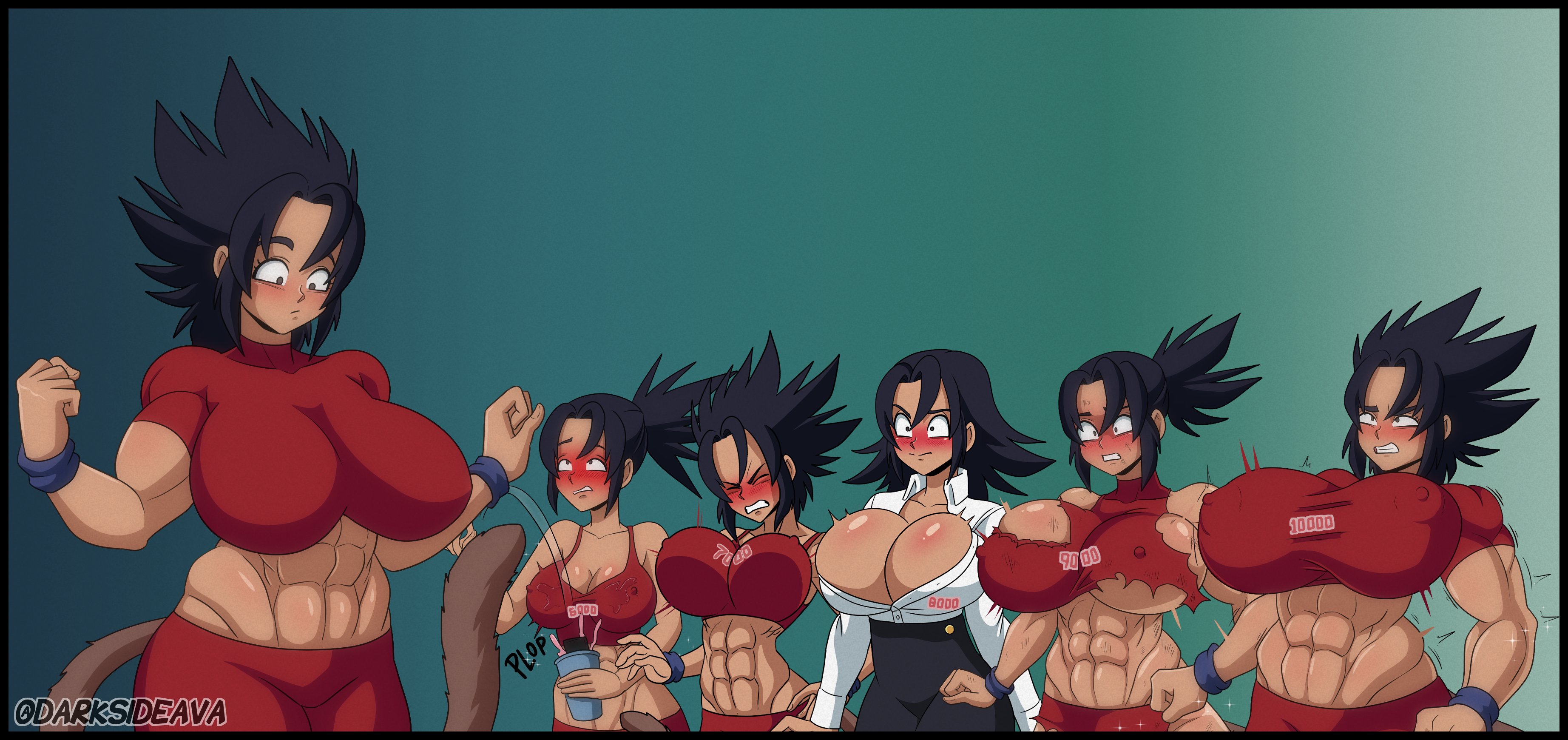 anelin (darksideava), avalewds, breast expansion, breast growth, breast growth (enlargement), breasts, dark skin, dark-skinned female, darksideava, dragon ball, female, female only, growth, monkey tail, original, original character, saiyan tail, sequence, shounen jump, solo focus, spiky hair, tail