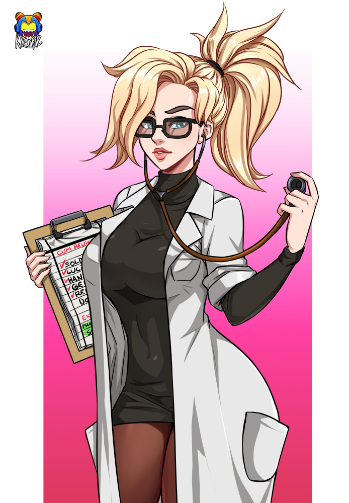 1girls, big breasts, blizzard entertainment, blonde hair, breasts, clothed, clothed female, clothing, doctor, female, female focus, female only, glasses, kyoffie, large breasts, long hair, mercy, overwatch, pantyhose, ponytail, solo, stethoscope, tight clothing