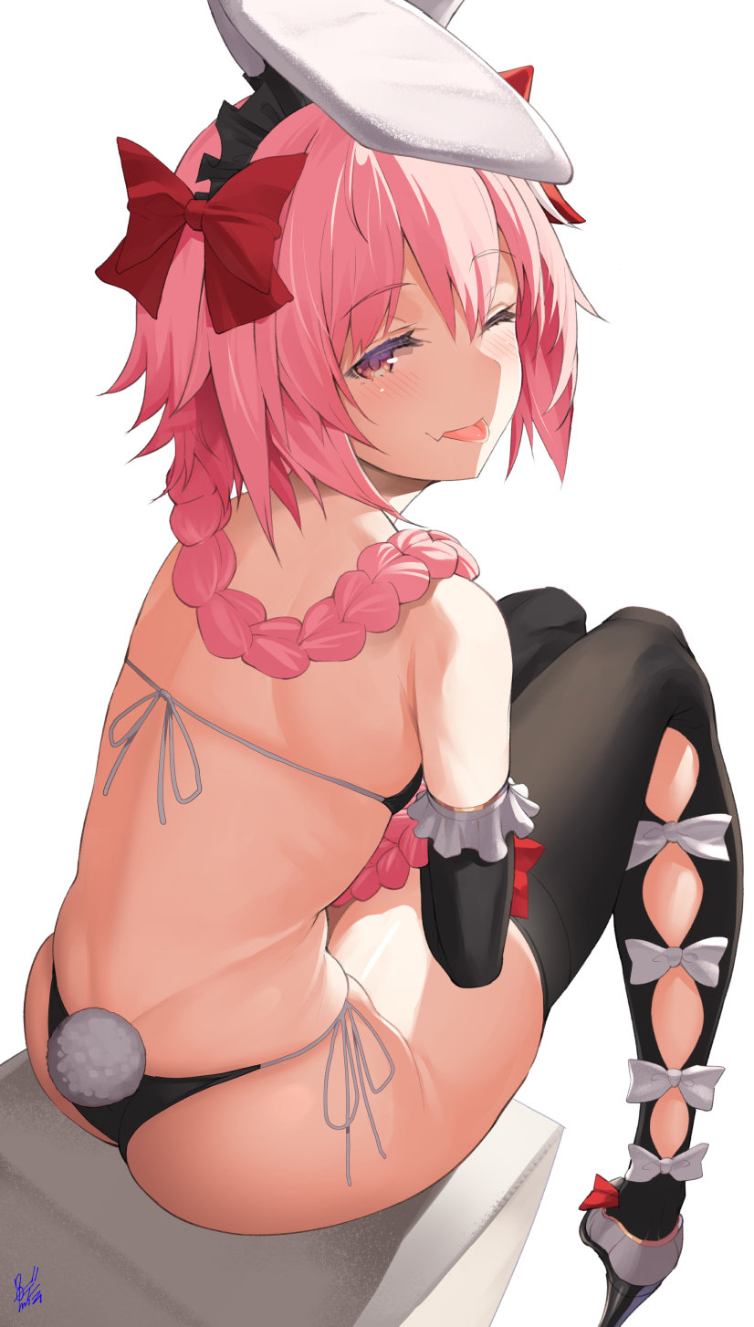 1boy, animal ears, ass, astolfo (fate), back, bangs, bare shoulders, bikini, black bikini, black gloves, black legwear, blush, bow, braid, braided ponytail, elbow gloves, fake animal ears, fate (series), fate/apocrypha, femboy, frilled hairband, frills, girly, gloves, hair intakes, hairband, hairbow, high heels, highres, long hair, looking at viewer, looking back, male, male focus, micro bikini, multicolored hair, oerba yun fang, one eye closed, otoko no ko, pink hair, purple eyes, rabbit ears, rabbit tail, red bow, sitting, skin fang, smile, solo, streaked hair, swimsuit, tail, thighhighs, thighs, tongue, tongue out, trap, uo denim, white hair