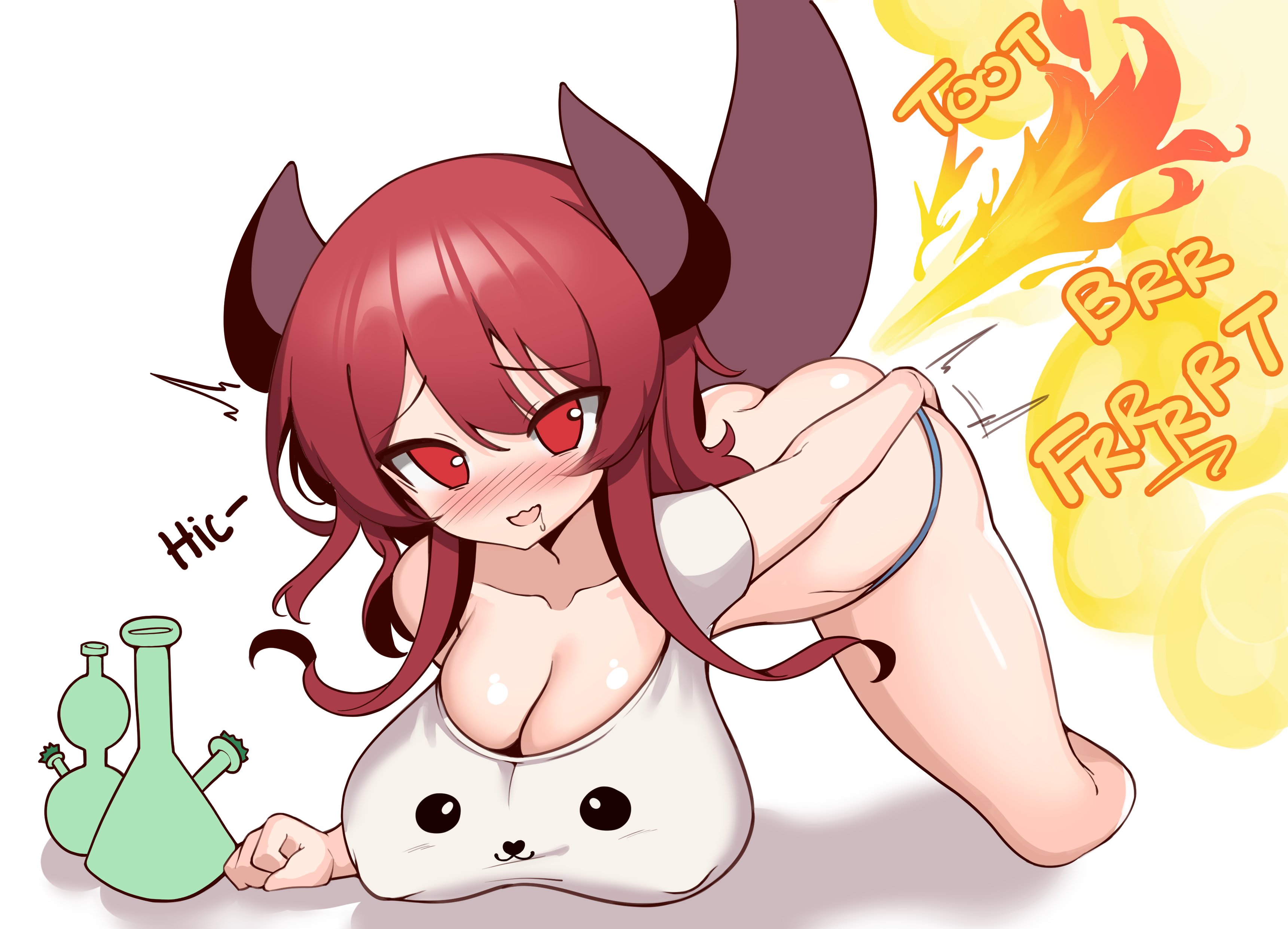 1girls, actfourteen, big breasts, blue panties, blush, breasts, cleavage, demon, demon girl, fart, fart cloud, fart fetish, farting, female, fire fart, grabbing own ass, horns, nipples visible through clothing, open mouth, panties, red eyes, red hair, solo female, tail