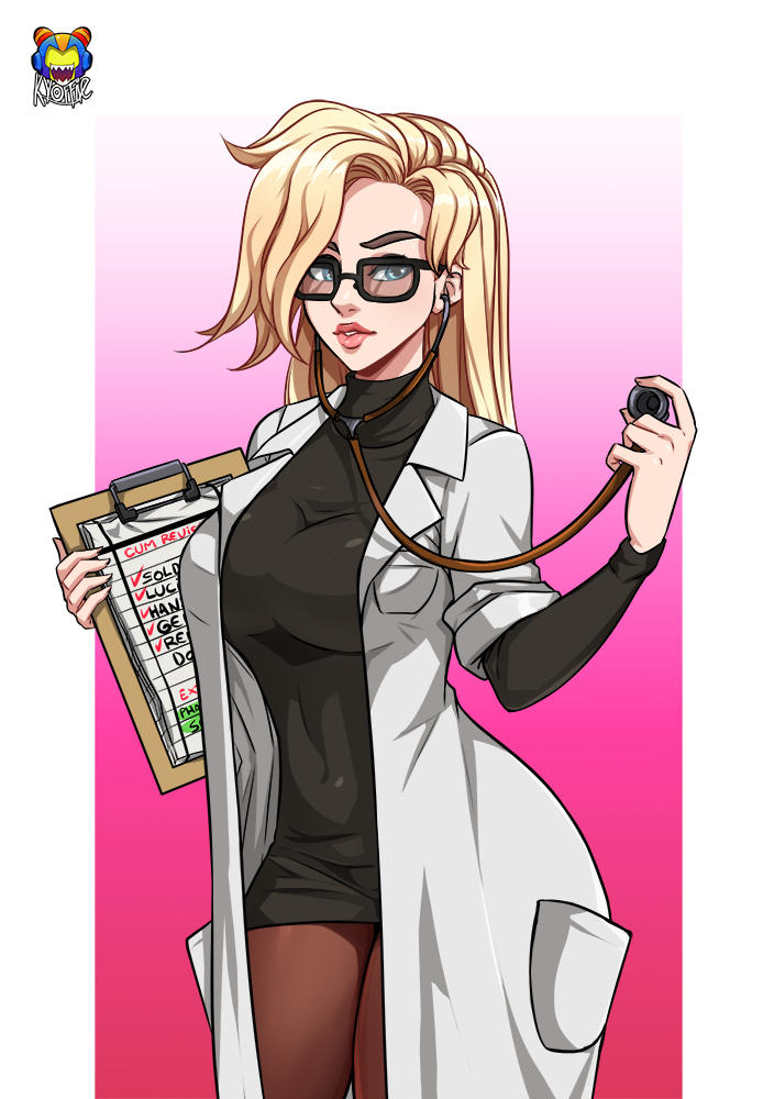 1girls, big breasts, blizzard entertainment, blonde hair, breasts, clothed, clothed female, clothing, doctor, female, female focus, female only, glasses, kyoffie, large breasts, long hair, mercy, overwatch, pantyhose, solo, stethoscope, tight clothing