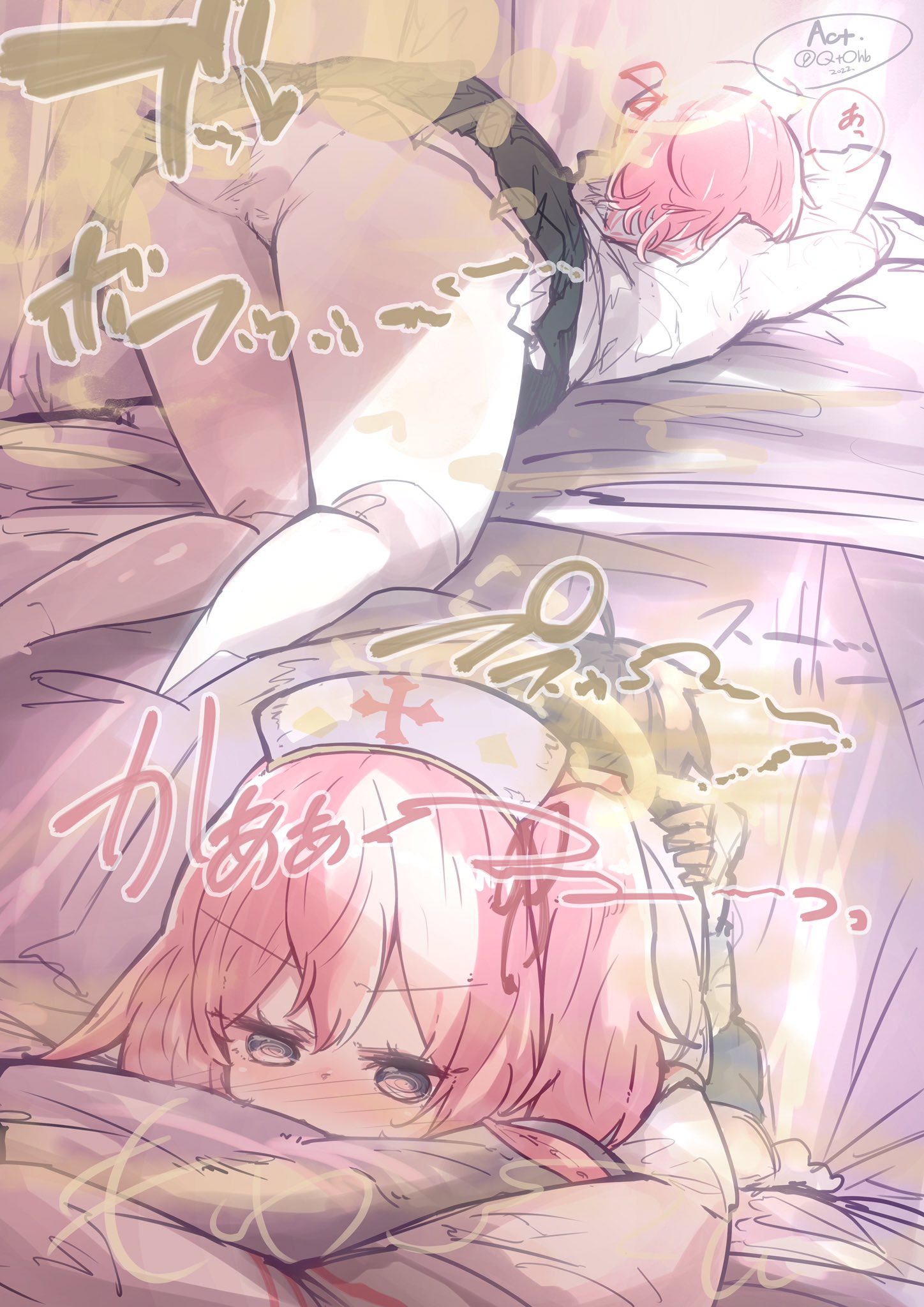 @ @, 1boy, 1girls, act. (artist), blue archive, blush, face in ass, fart, fart cloud, fart fetish, farting, farting in face, female, male, nurse cap, panties, pink hair, serina (blue archive), skirt, white panties