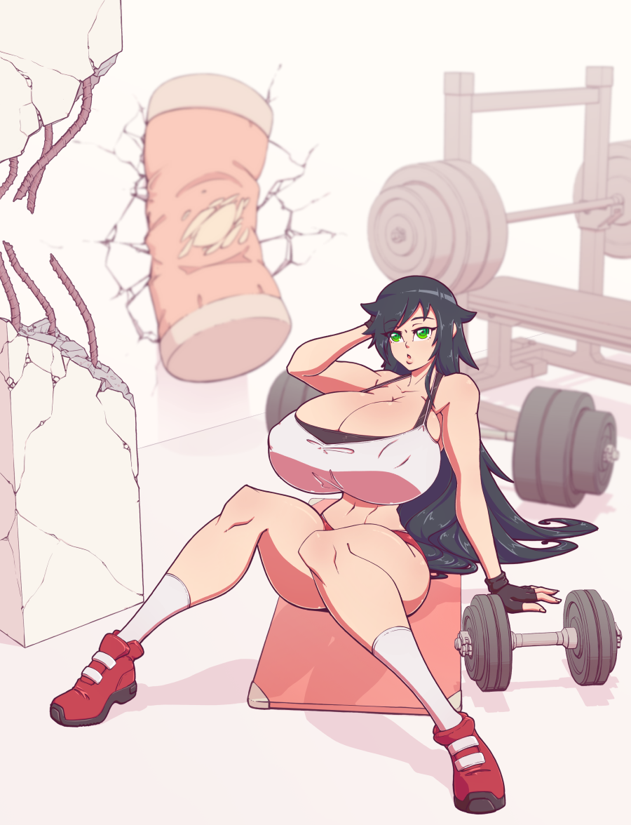 1girls 2022 alternate_body_type alternate_breast_size amazon black_hair breasts breasts_bigger_than_head broken_wall cleavage color dumbbell exercise female female_only gym huge_breasts kuroki_tomoko long_hair looking_at_viewer n647 nipple_bulge punching_bag sitting solo thick_thighs thin_waist voluptuous watashi_ga_motenai_no_wa_dou_kangaetemo_omaera_ga_warui! weights wide_hips workout_clothes yellow_eyes