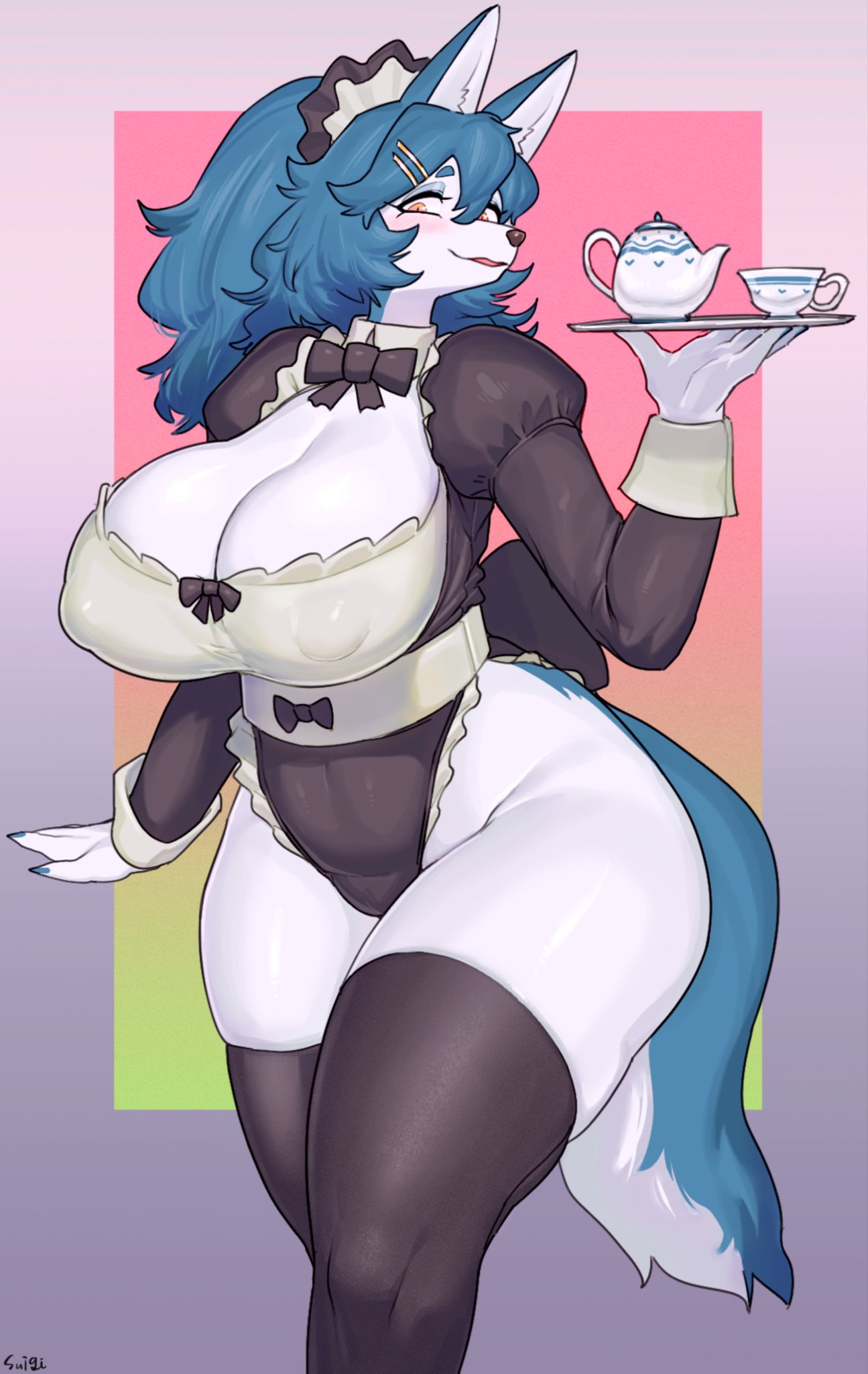 anthro, big breasts, black nose, black stockings, blue fur, blue hair, blue nails, boob window, bowtie, breasts, canine, canine humanoid, eyebrows, eyelashes, female, female only, furry, looking at viewer, maid, maid uniform, nipples visible through clothing, orange eyes, original, original character, solo, solo female, stockings, sususuigi, tagme, tail, thick thighs, white body, white sclera, wide hips, wolf, wolf maid (sususuigi)