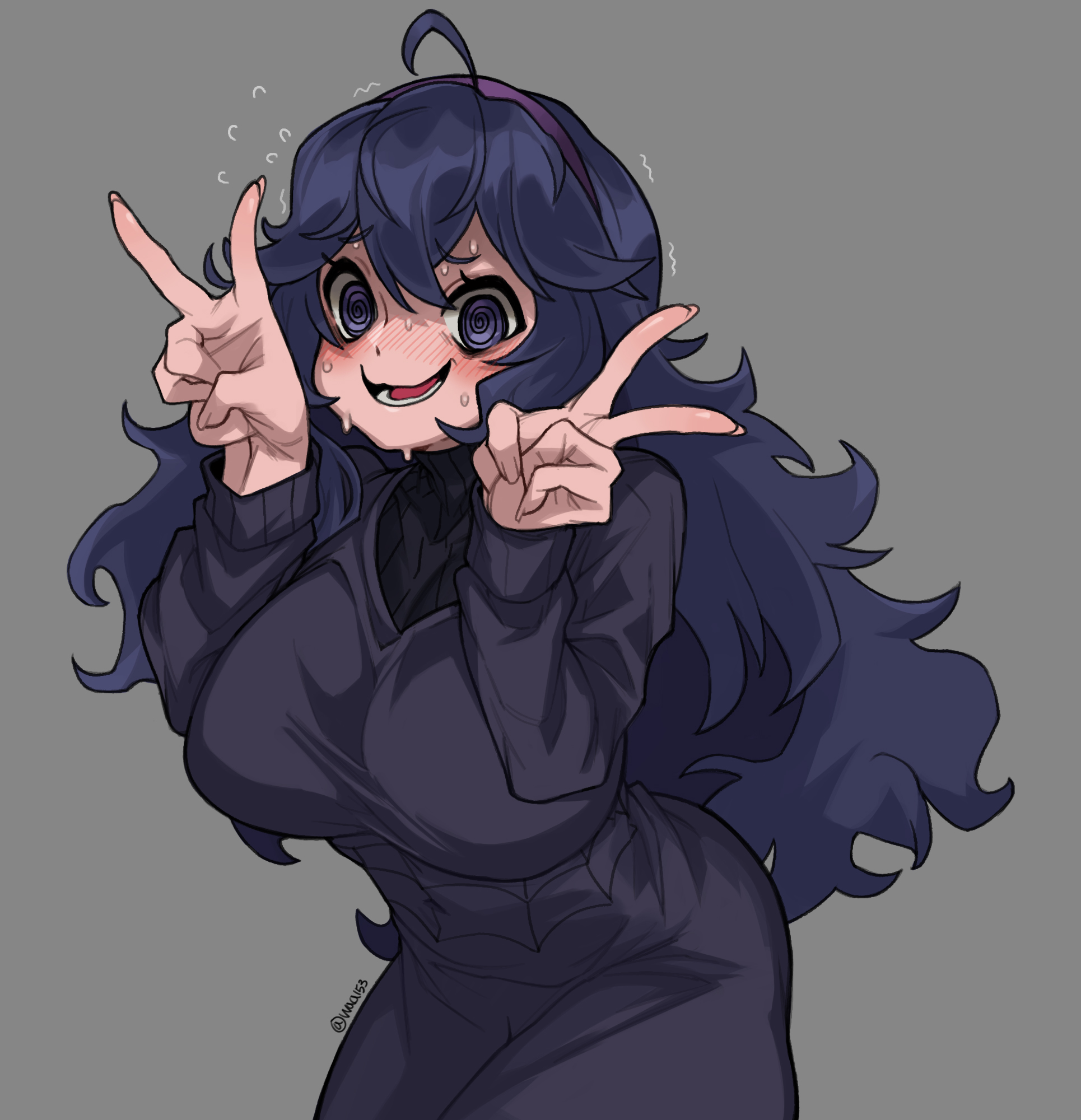 2022, artist name, ass, ass in dress, big breasts, blush, breasts, clothed, clothes, clothing, dress, eye bags, female, fully clothed, grey background, headband, hex maniac, long hair, long sleeves, looking at viewer, nervous, open mouth, open smile, peace sign, pokemon, purple dress, purple eyes, purple hair, slq, smile, solo, spiral eyes, sweat, waa153