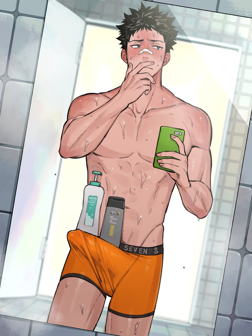 1boy blush bodily_fluids body_hair boxers boy bulge erection_under_clothes male male_only mirror partially_clothed penis phone shampoo_challenge shy soap sweat underwear