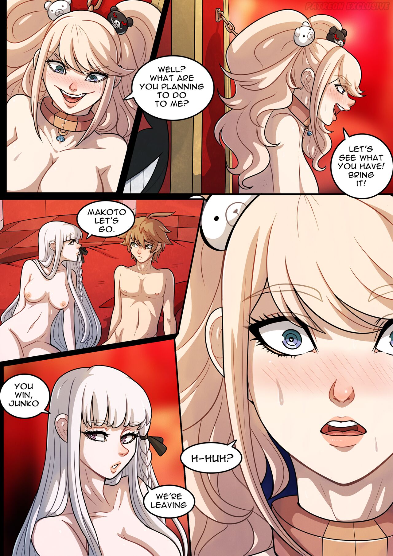 1boy, 2girls, big breasts, blonde hair, blush, breasts, brown hair, chained, collar, comic, danganronpa, danganronpa: trigger happy havoc, english text, enoshima junko, female, kinkymation, kirigiri kyoko, male, multiple females, multiple girls, naegi makoto, naked, nude, on bed, shocked expression, straight hair, sweat, sweating, text, twintails, white hair
