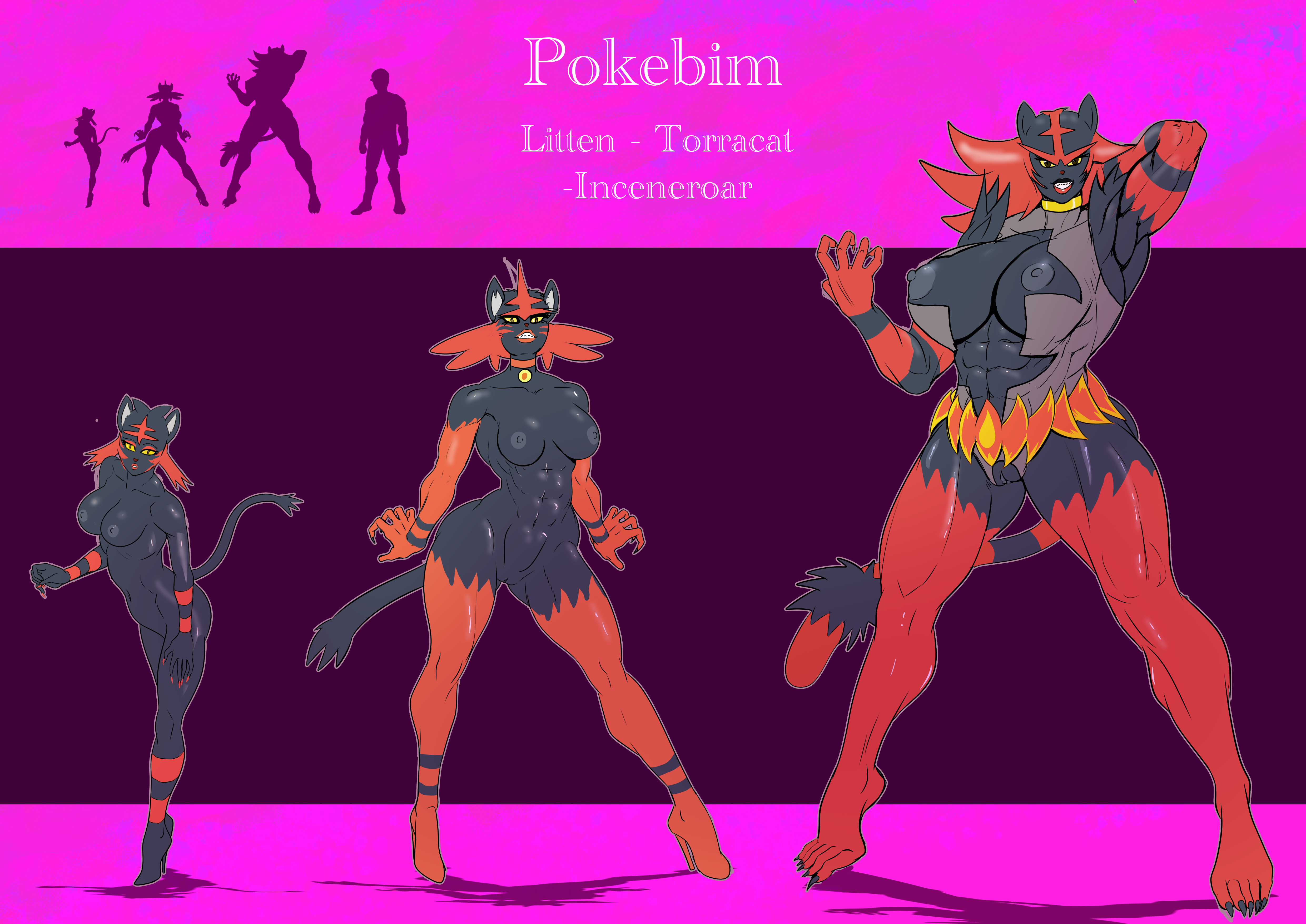 1girls, annon, anthro, ass, ass expansion, bimbo, bimbofication, breast expansion, breast growth, breast growth (enlargement), breasts, female, female incineroar, female only, hair color change, hair growth, heeled feet, huge ass, huge breasts, incineroar, litten, muscular, muscular female, nipples, pokemon, red hair, solo, thick lips, thick thighs, thigh expansion, torracat, transformation, transformation sequence, wide hips
