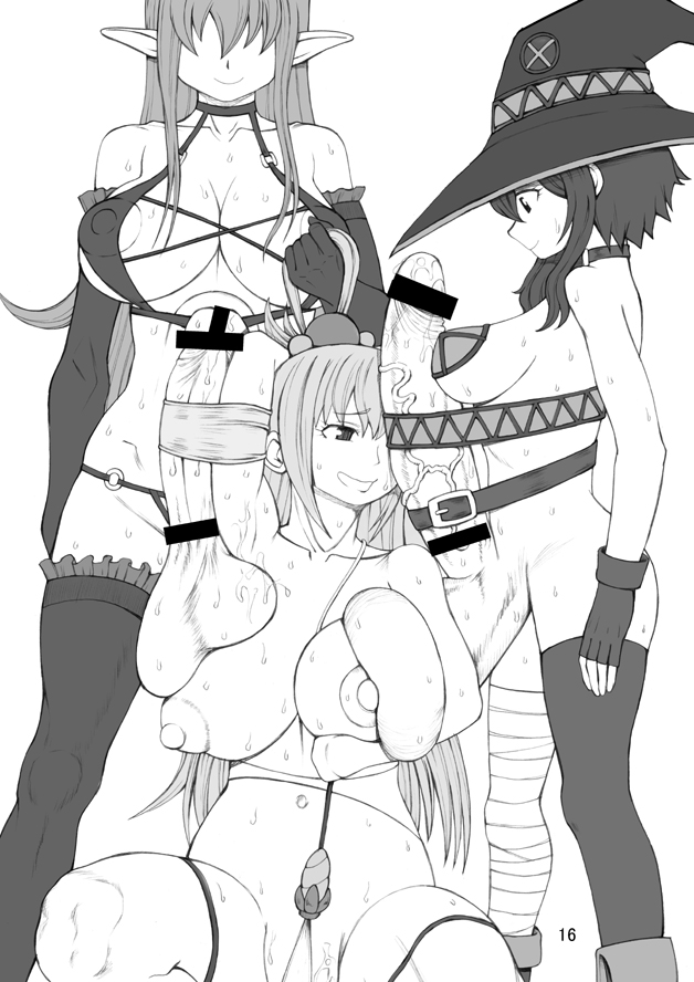 1girls 2futas aqua_(konosuba) areolae ball_squish balls big_breasts breasts clothed clothing erection female futa_on_female futanari gorigori222 hair_pull huge_balls huge_cock human humanoid humanoid_penis kono_subarashii_sekai_ni_shukufuku_wo! megumin monochrome mostly_nude nipples nude penis standing succubus succubus_(konosuba) sweat