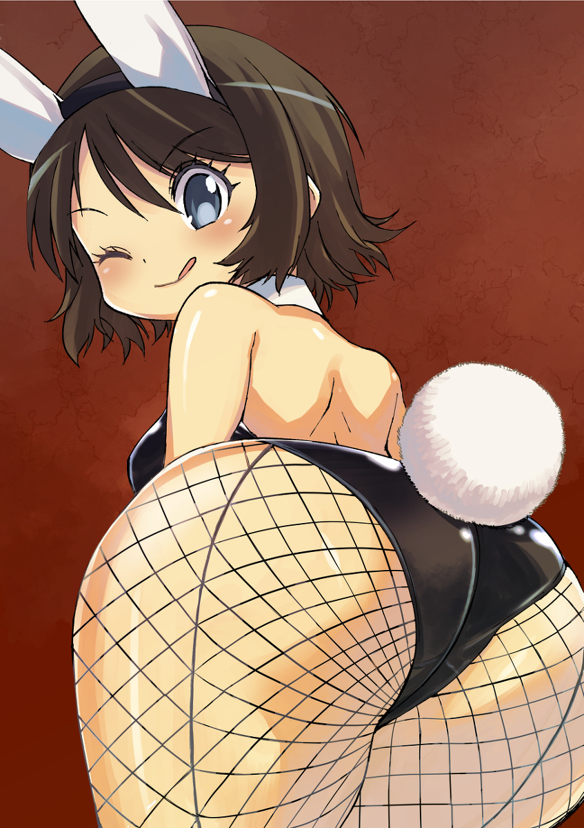 ass, bunnysuit, clothed, clothing, female, looking at viewer, looking back, muramasa mikado, murana (muramasa mikado), solo, tongue, tongue out, wink, winking