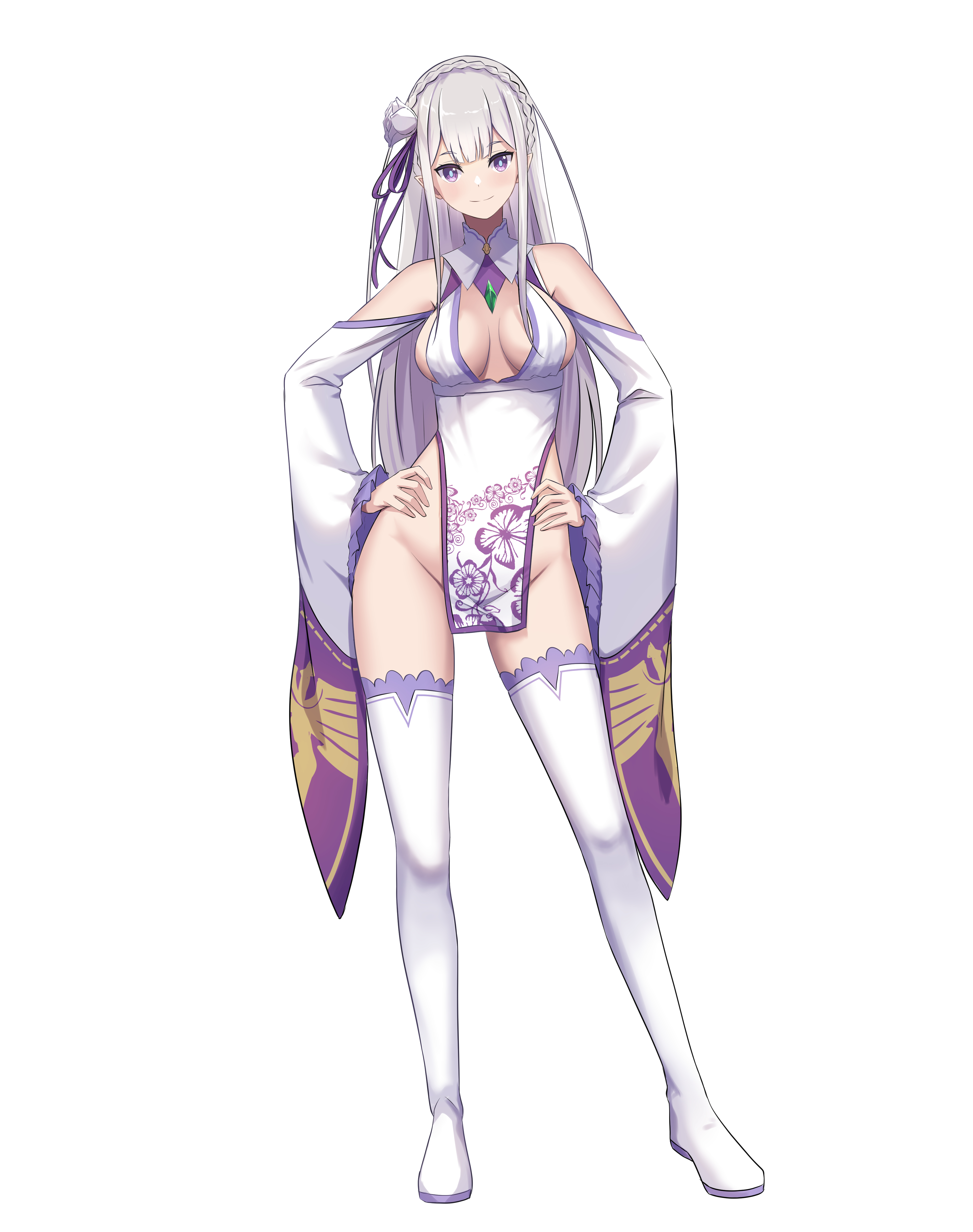 1girls, breasts, chinese clothes, cleavage, comradlevy, detached sleeves, emilia (re:zero), female, levy (comradlevy), long hair, medium breasts, no panties, purple eyes, re:zero kara hajimeru isekai seikatsu, sideboob, silver hair, thigh boots
