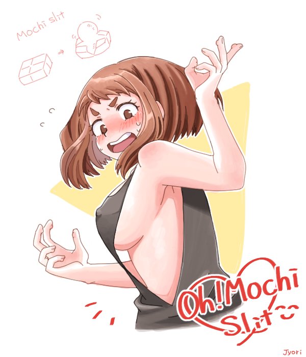 1girls, blush, breasts, brown hair, brown-haired female, busty, embarrassed, female, my hero academia, nipple bulge, ochako uraraka, revealing clothes, side cutout, side view, sideboob, solo, solo female, surprised, tank top