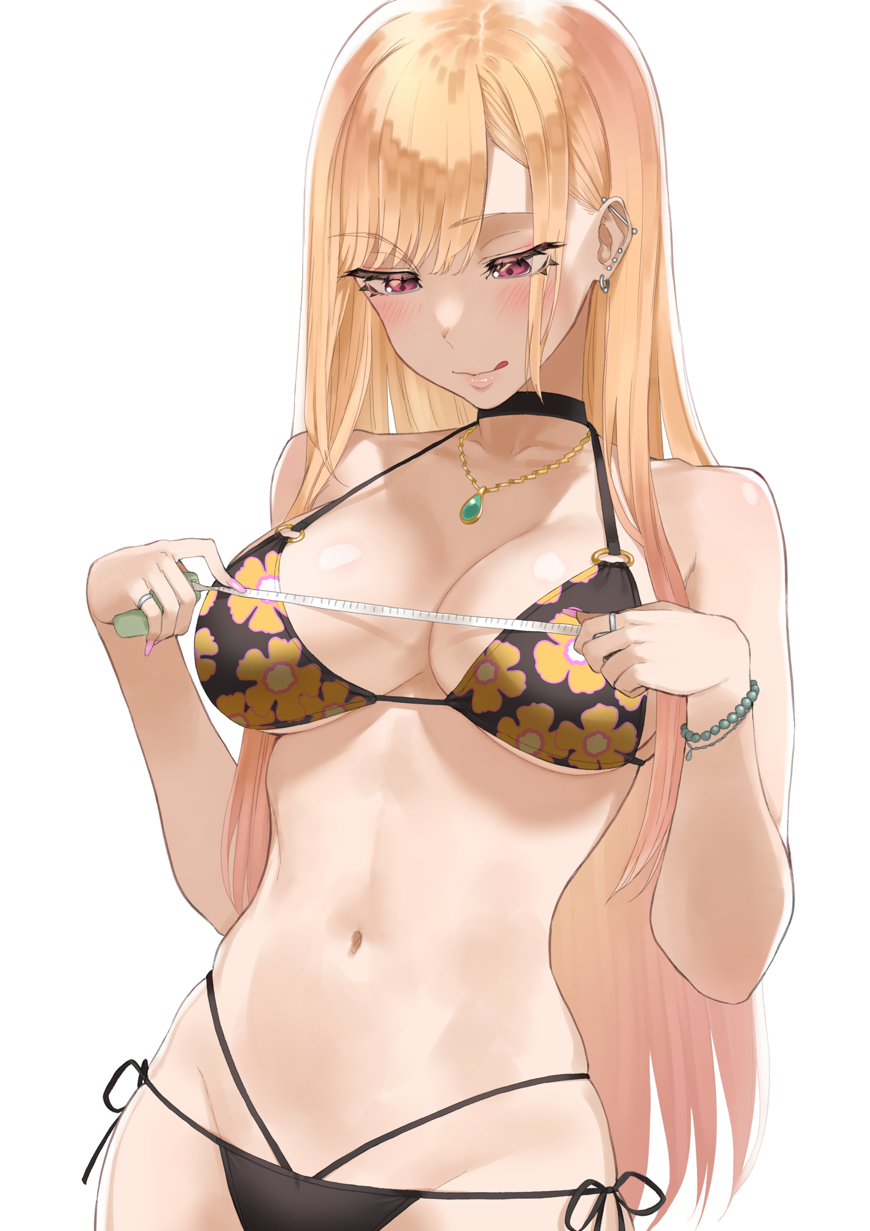1girls, 2022, absurdres, barbell piercing, bare arms, bare shoulders, bikini, black bikini, black choker, blonde hair, blush, breasts, choker, cleavage, closed mouth, collarbone, ear piercing, earrings, female, female focus, female only, floral print, gyaru, hands up, highres, holding, jewelry, kitagawa marin, long hair, measuring, measuring breasts, measuring tape, medium breasts, multi-strapped bikini, navel, piercing, print bikini, red eyes, simple background, solo, solo female, sono bisque doll wa koi wo suru, swimsuit, tape measure, throtem, tongue, tongue out, very long hair, white background