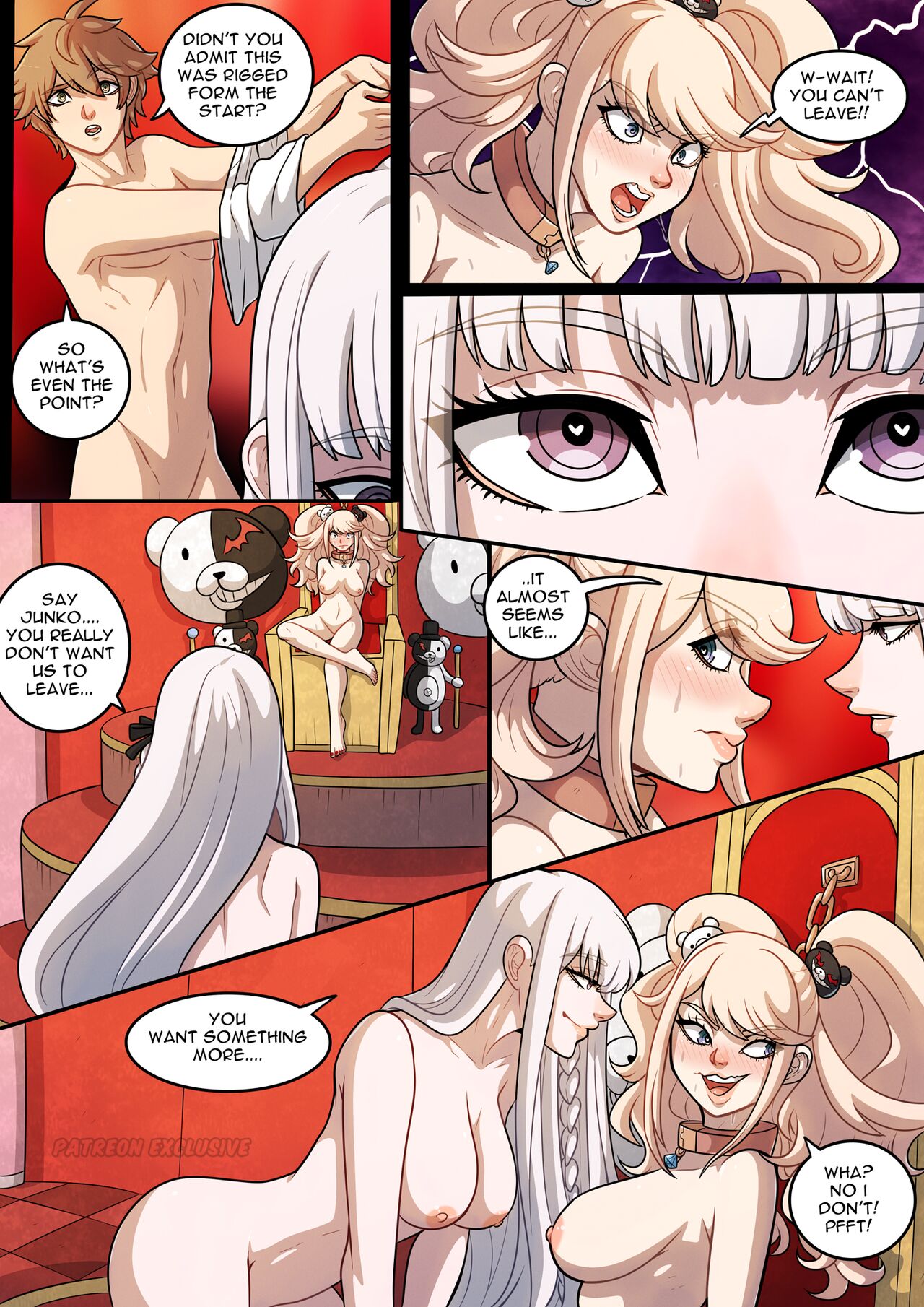 1boy, 2girls, big breasts, blonde hair, blush, breasts, brown hair, chained, collar, comic, danganronpa, danganronpa: trigger happy havoc, dialogue, dressing, english text, enoshima junko, female, flustered, getting dressed, kinkymation, kirigiri kyoko, male, multiple females, multiple girls, naegi makoto, naked, nipples, nude, seductive smile, straight hair, sweat, sweating, text, twintails, white hair