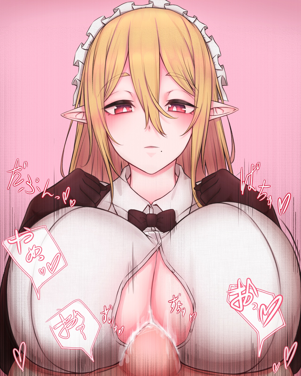 1futa, 1girls, beauty mark, big breasts, blonde hair, breasts, cleavage, clothed, clothed female nude futa, clothed sex, clothing, elf, emotionless, emotionless sex, erection, female, female focus, femdom, fully clothed, futa on female, futa pov, futanari, huge breasts, human, humanoid, intersex, large breasts, light skin, light-skinned female, light-skinned futa, long hair, looking at another, looking at viewer, maid, open clothes, open shirt, original, paizuri, pale skin, penis, pointy ears, pov, red eyes, rikuguma, solo focus, tagme, titjob