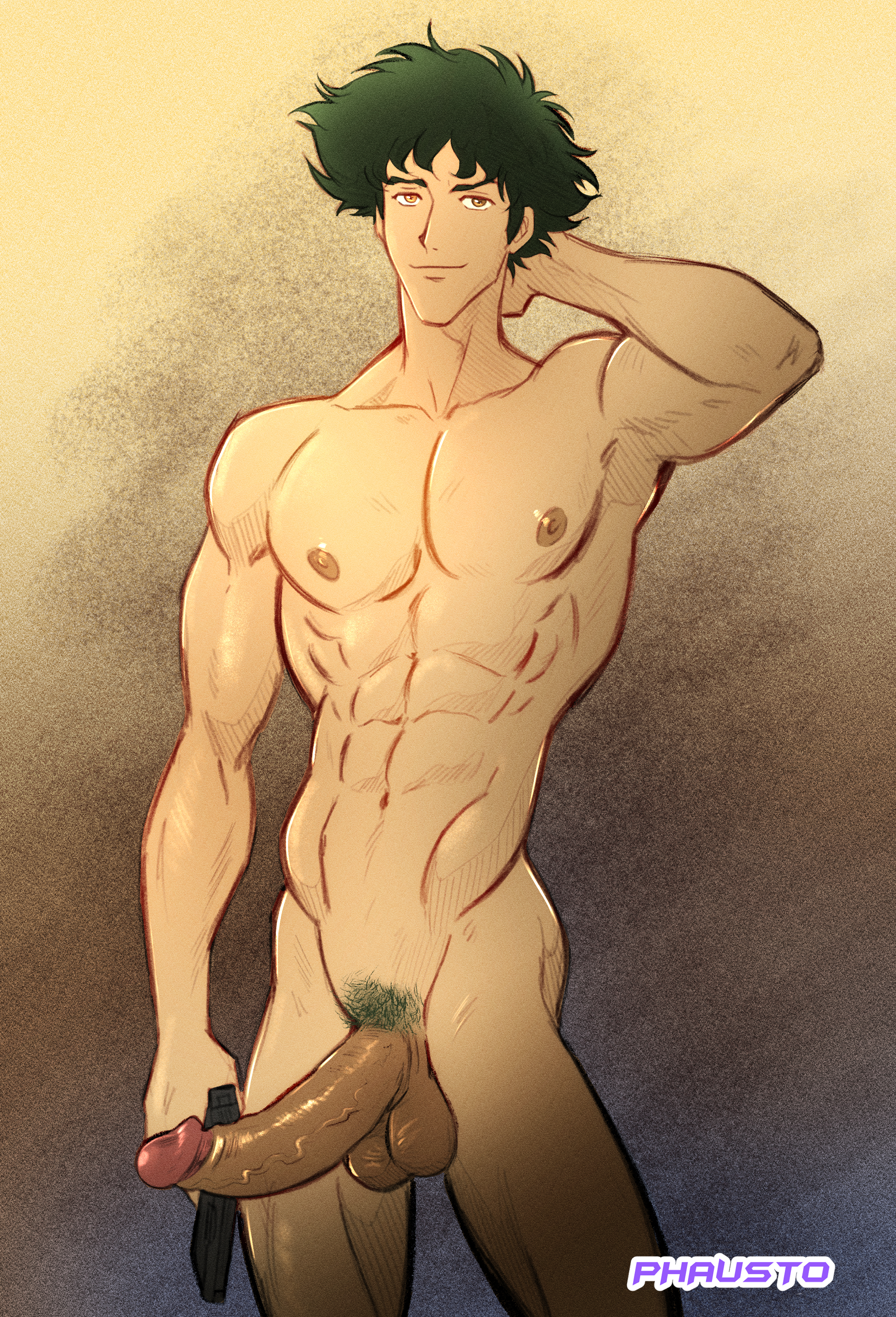 1boy, abs, balls, cowboy bebop, foreskin, fully retracted foreskin, green hair, green pubic hair, highres, male, male nipples, male only, muscular, muscular male, nipples, nude, nude male, pecs, penis, phausto, pubic hair, retracted foreskin, solo, solo male, spike spiegel, testicles, uncircumcised, veiny penis, yaoi
