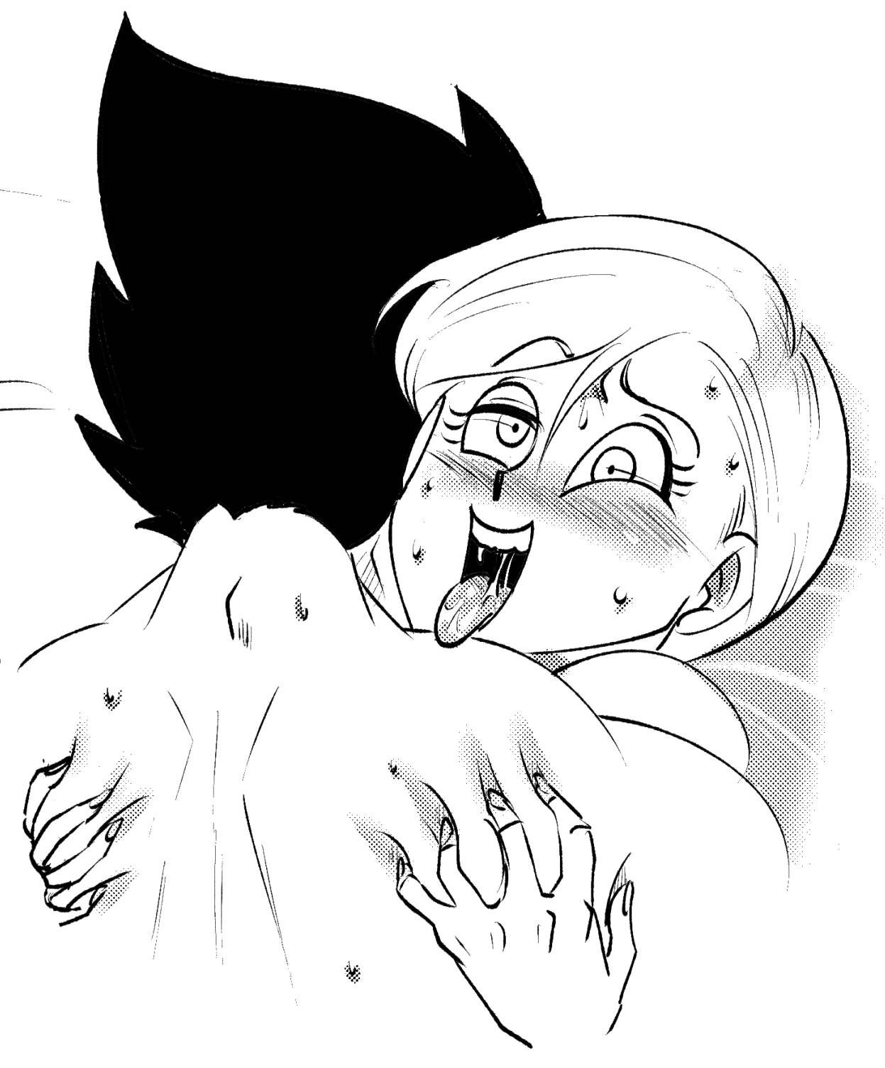 1boy, 1girls, black hair, blush, bulma briefs, cumming, dragon ball, dragon ball super, dragon ball z, eyebrow raise, female, funsexydragonball, holding partner, long hair, male, orgasm, orgasm face, saliva, short hair, sketch, straight, sweat, tongue, tongue out, vegeta