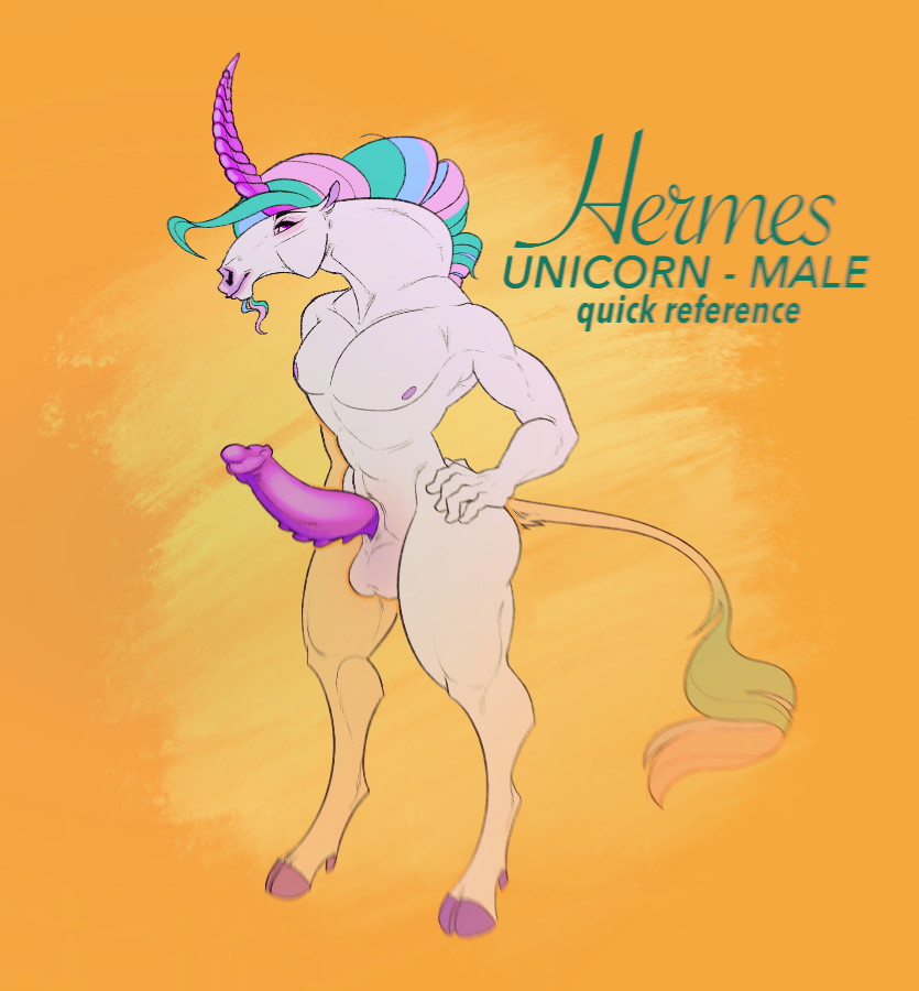 anthro balls biped blue_hair blue_tail english_text equid equine erection fur genitals green_hair green_tail hair hand_on_hip hooves horn male mammal model_sheet multicolored_tail ninetht nipples orange_background penis pink_hair pink_nipples pink_tail purple_eyes purple_hooves purple_horn purple_penis ribbed_horn simple_background smile solo standing tail_tuft text tuft unicorn white_balls white_body white_fur white_tail