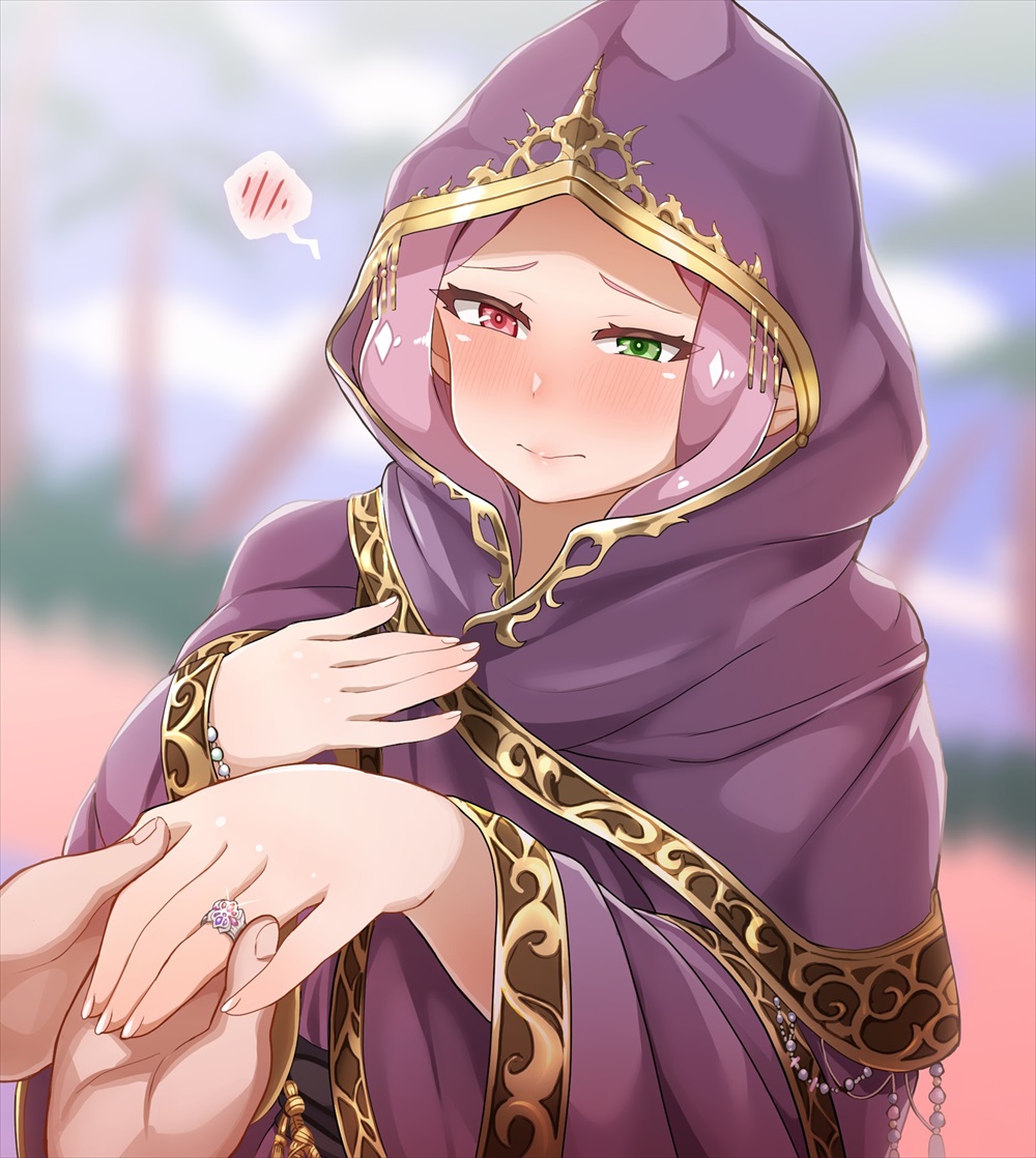 1boy 1girls blurry blurry_background blush cloak commentary_request dragon_girl female female_focus fire_emblem fire_emblem:_the_binding_blade full-face_blush green_eyes hand_holding hetero heterochromia hood hood_up hooded_cloak idunn_(fire_emblem) jewelry looking_at_viewer nintendo pointy_ears pov pov_hands purple_cloak purple_hair red_eyes ring smile solo_focus spoken_blush tanaka_kusao wedding_ring wholesome