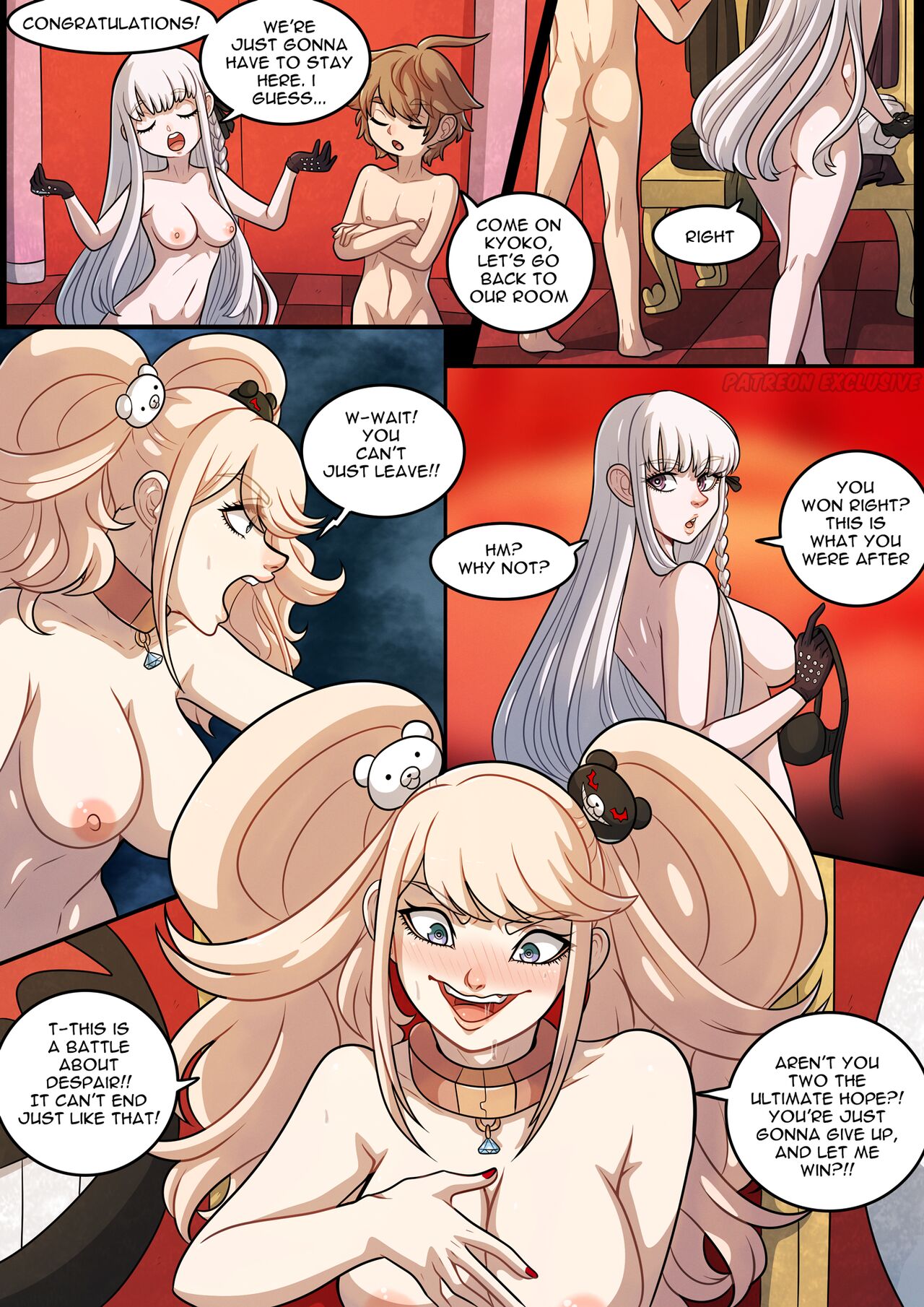 1boy, 2girls, ass, big breasts, blonde hair, blush, breasts, chained, collar, comic, danganronpa, danganronpa: trigger happy havoc, desperate for sex, dialogue, english text, enoshima junko, female, gloves, hand on breasts, hand on chest, holding bra, kinkymation, kirigiri kyoko, male, multiple females, multiple girls, naegi makoto, nail polish, naked, nude, straight hair, sweat, sweating, text, twintails, white hair