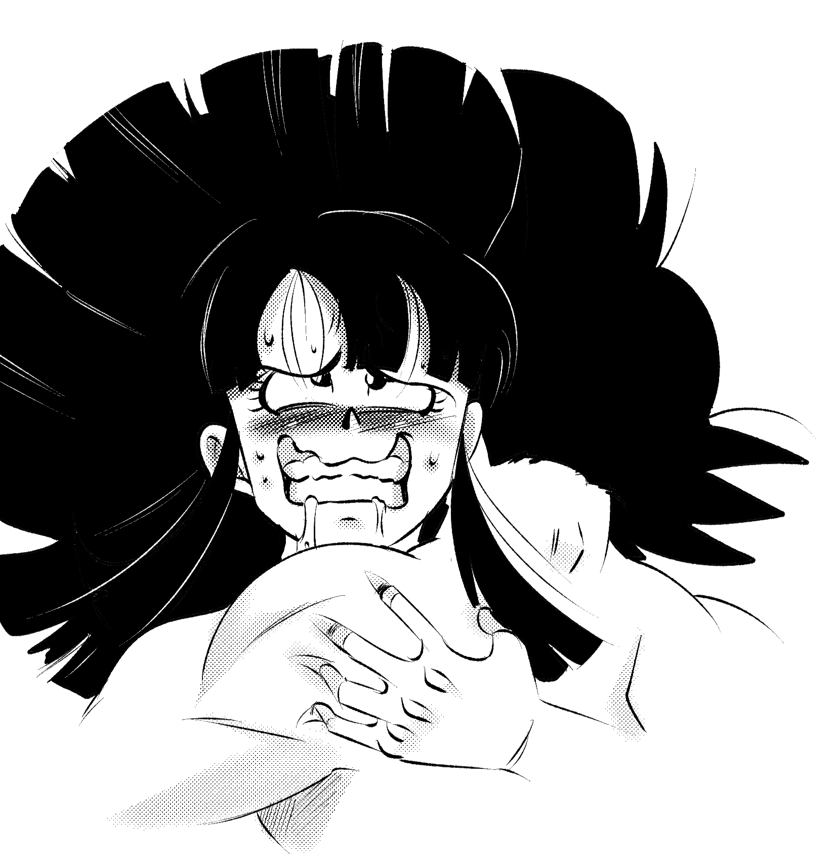 1boy, 1girls, black hair, blush, chichi, dragon ball, dragon ball super, dragon ball z, drooling, eyes rolling back, female, funsexydragonball, grin, grinning, holding partner, long hair, male, orgasm, orgasm face, saliva, saliva trail, sketch, son goku, sweat