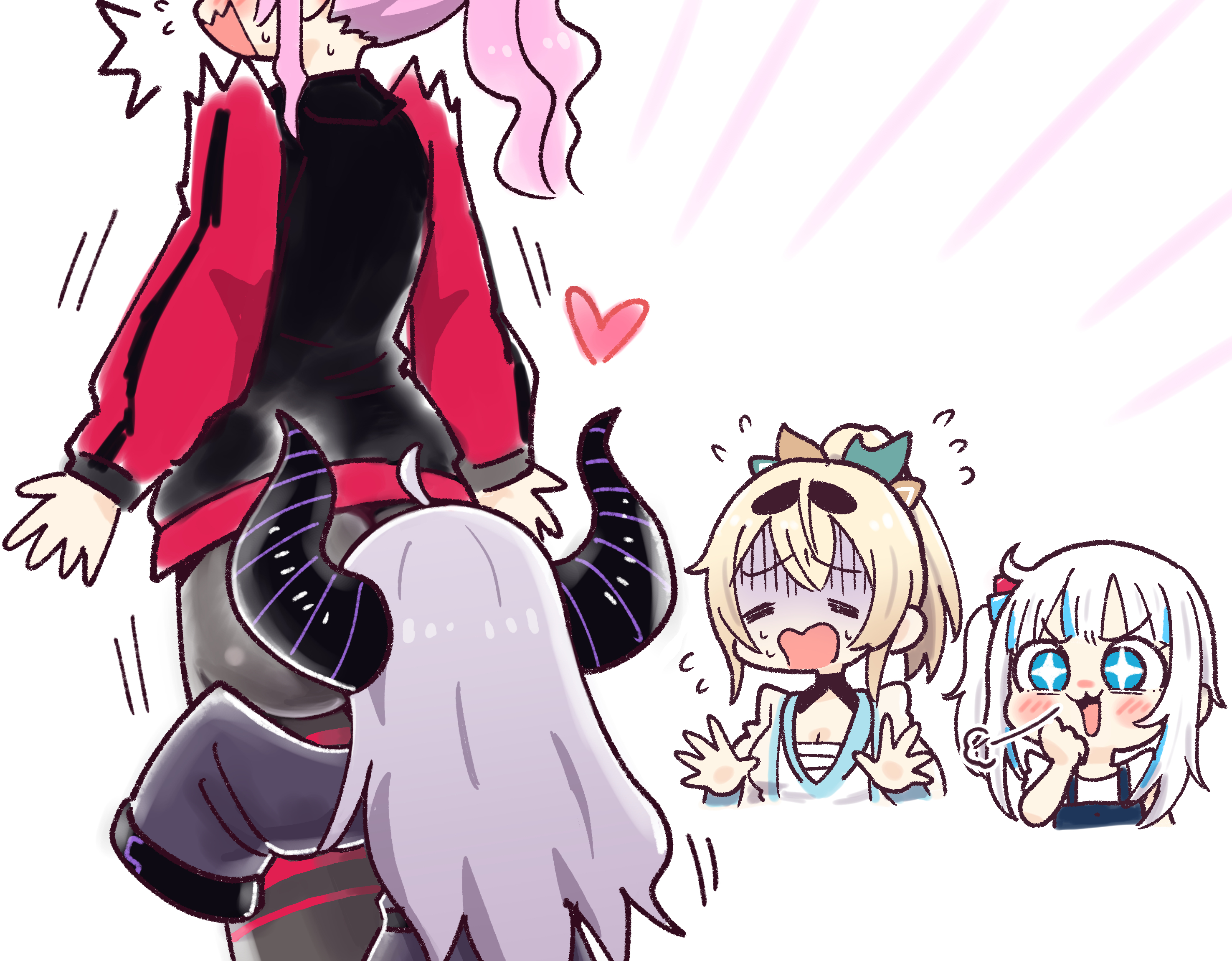 4girls, female, female only, funny, gawr gura, hololive, hololive english, hololive japan, hololive myth, holox, kazama iroha, la+ darknesss, mori calliope, multiple females, multiple girls, surprised, virtual youtuber, yuri
