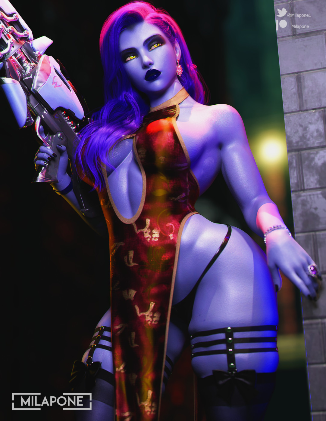 3d, ass, big ass, big breasts, blizzard entertainment, breasts, cleavage, dress, female, female only, milapone, overwatch, painted nails, patreon username, ponytail, purple hair, purple skin, rifle, sniper, solo female, stockings, thick thighs, thong, twitter username, wide hips, widowmaker