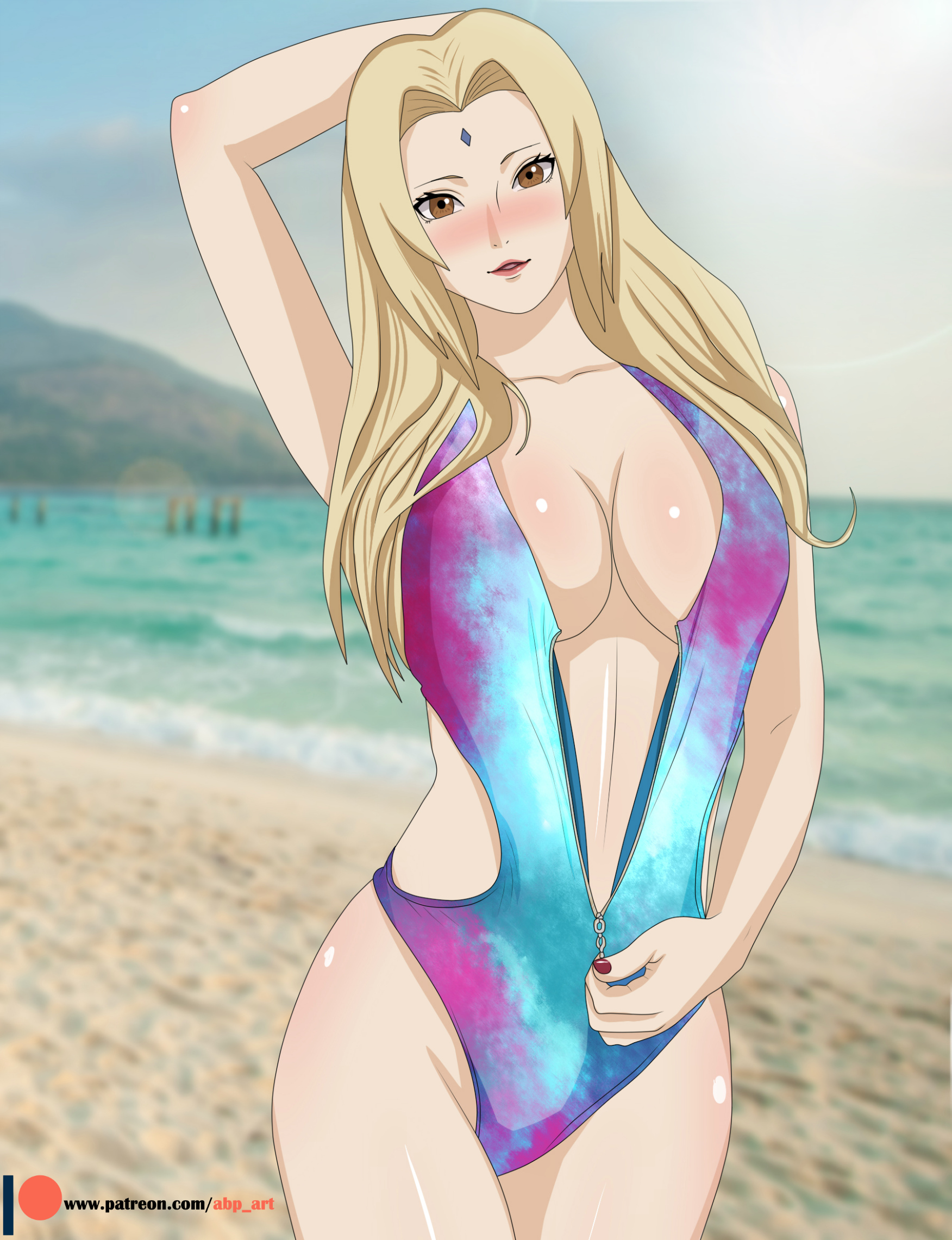1girls, abp art, alternate hairstyle, arm behind head, beach, blonde hair, blush, brown eyes, center opening, cleavage, curvaceous, curvy, curvy female, curvy figure, female, female only, forehead jewel, hair down, lipstick, looking at viewer, loose hair, makeup, mature, mature female, nail polish, naruto, naruto (series), naruto shippuden, one-piece swimsuit, outdoors, smile, solo, swimsuit, tease, teasing, tsunade, undressing, unzipped, unzipping, wide hips