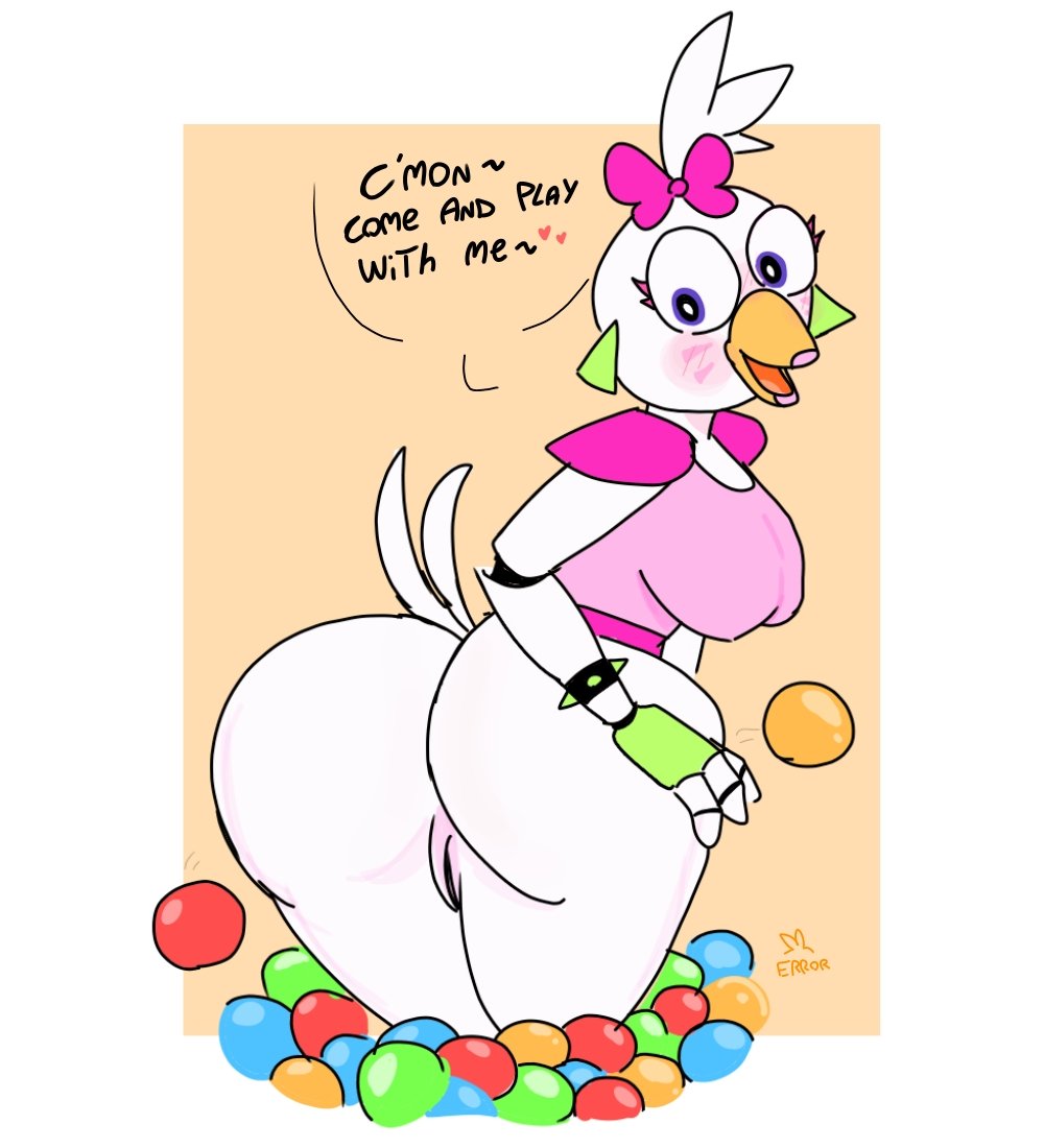 ball_pit beak big_ass big_breasts big_butt bird blush blushing bow earrings errorplush five_nights_at_freddy's five_nights_at_freddy's:_security_breach fnaf glamrock_chica_(fnaf) gloves inviting lipstick looking_at_viewer makeup purple_eyes robot solo text vagina white_body