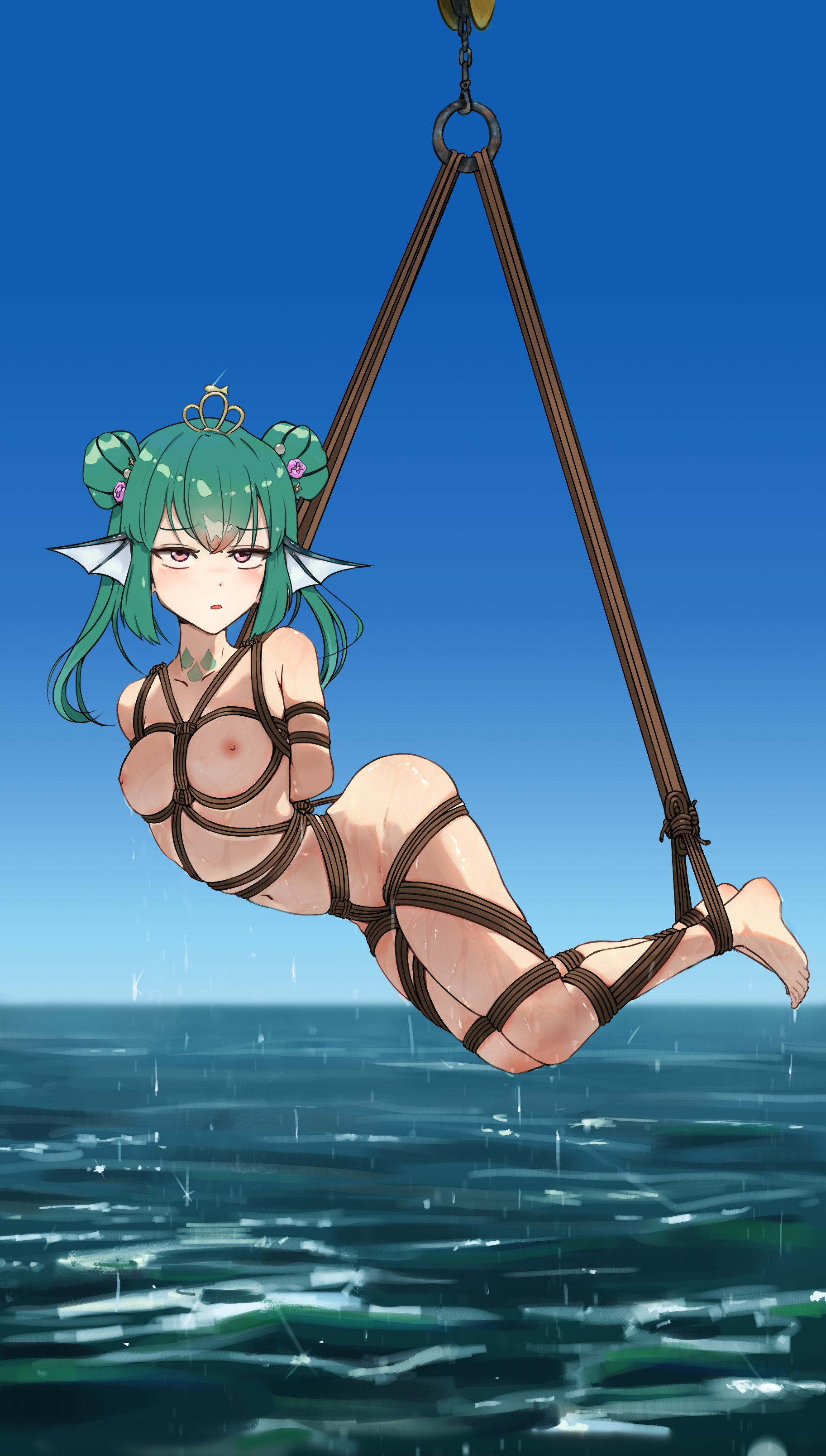 1girls, arms tied behind back, bondage, breasts, crown, female, female only, finana ryugu, finana ryugu (2nd costume), fish girl, green hair, legs tied together, merfolk, naked, nijisanji, nijisanji en, ocean, outside, rope, sea, small breasts, solo, suspended in midair, virtual youtuber