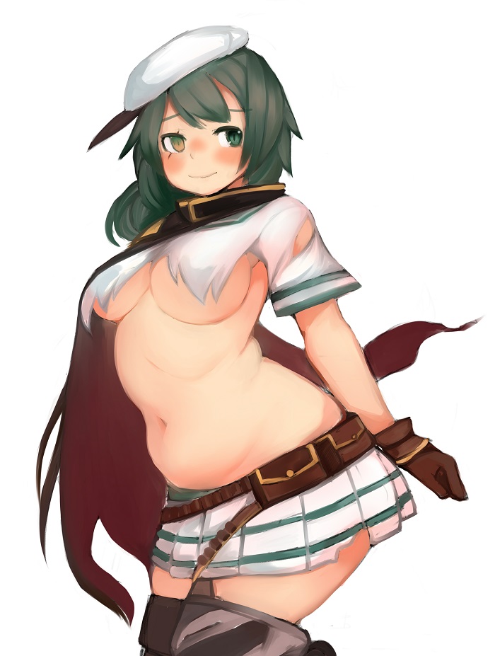 belly belt blush breasts brown_gloves cape female fusa_(starless2323) gloves green_eyes green_hair kantai_collection kiso_(kantai_collection) large_breasts military military_uniform miniskirt naval_uniform navel no_bra plump shirt skirt solo torn_cape torn_clothes torn_shirt underboob uniform utility_belt